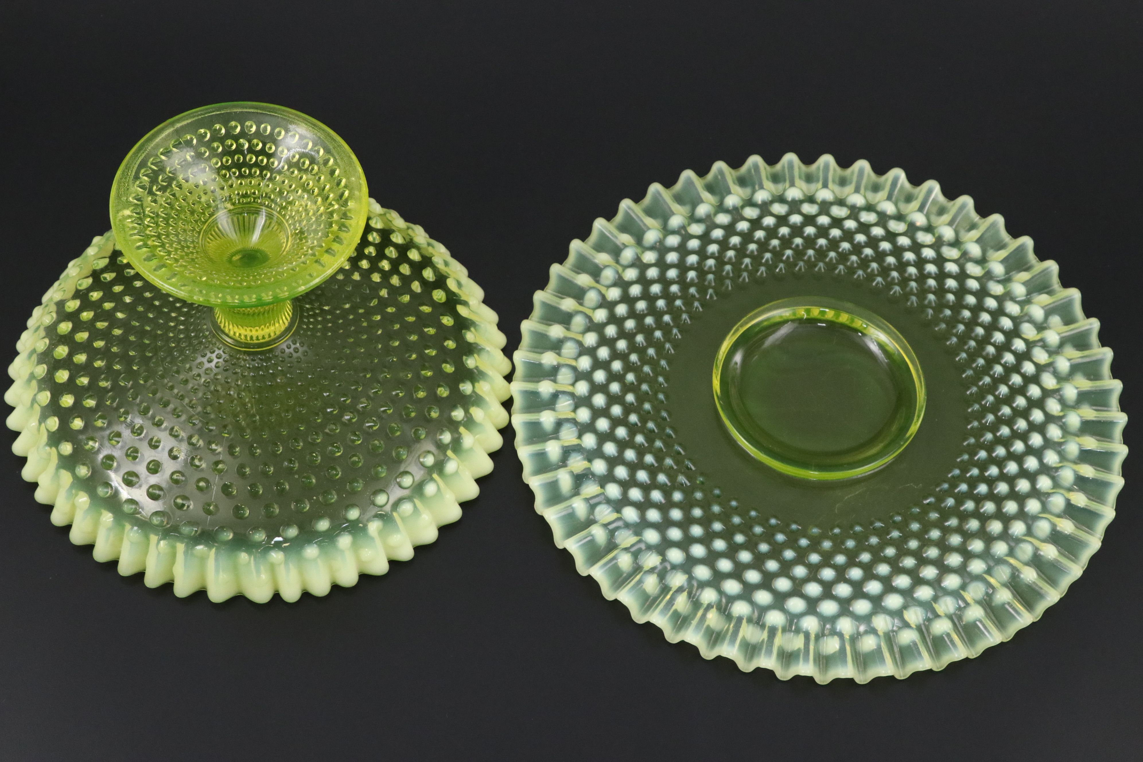 Fenton Hobnail Vaseline Opalescent Glass Cake Plate and Pedestal Bowl