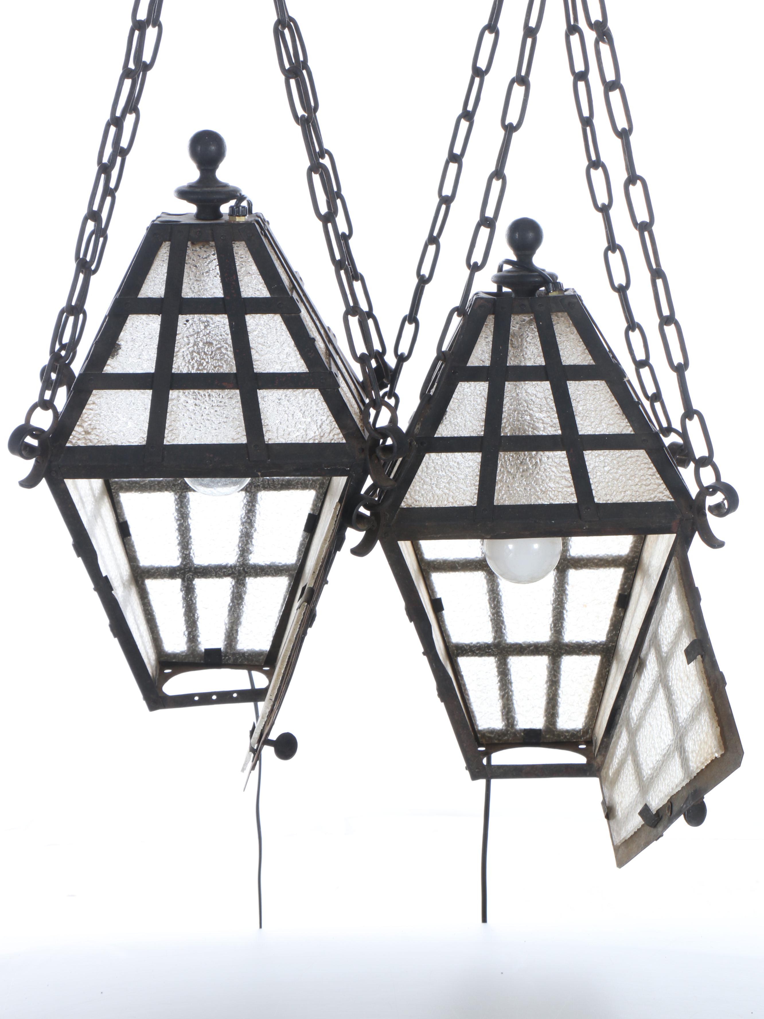 Gothic Revival Style Wrought Iron and Glass Outdoor Pendant Lanterns