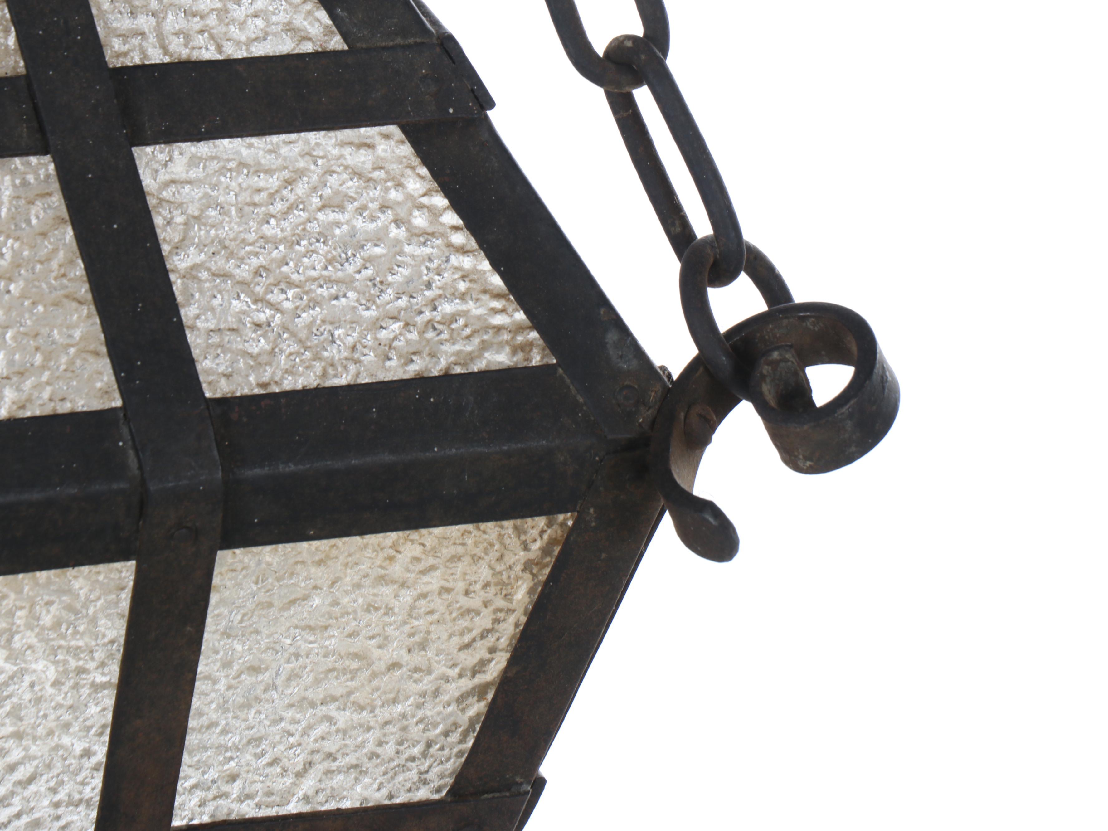 Gothic Revival Style Wrought Iron and Glass Outdoor Pendant Lanterns