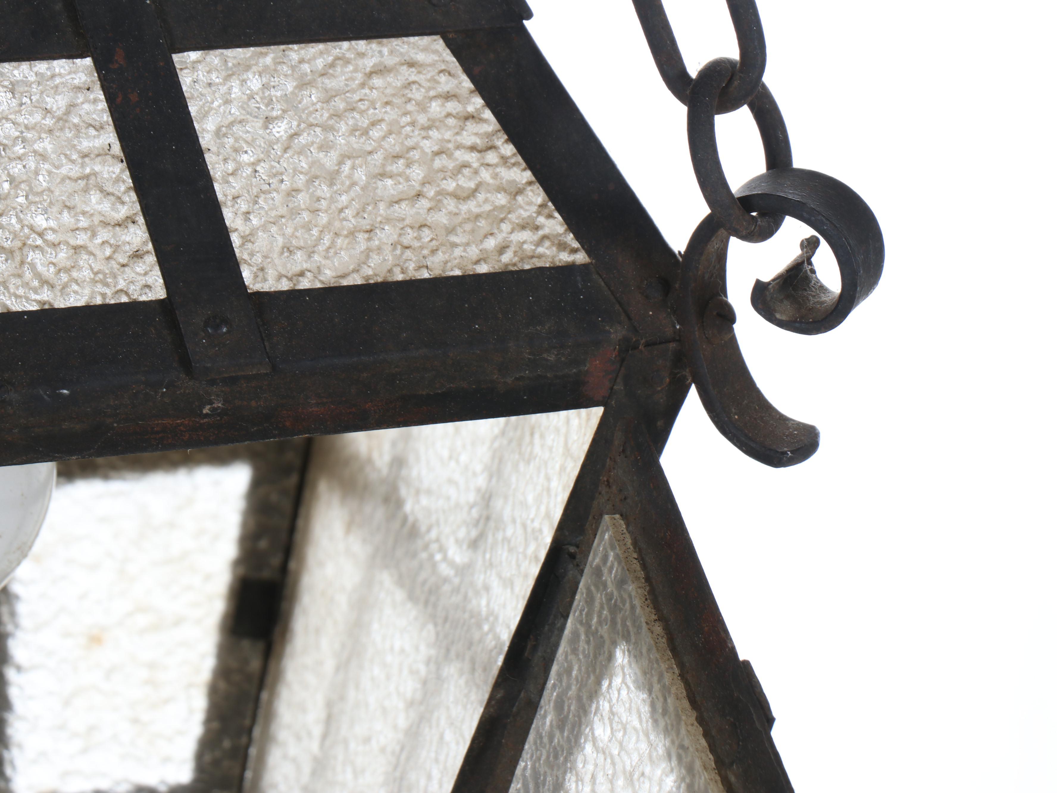 Gothic Revival Style Wrought Iron and Glass Outdoor Pendant Lanterns