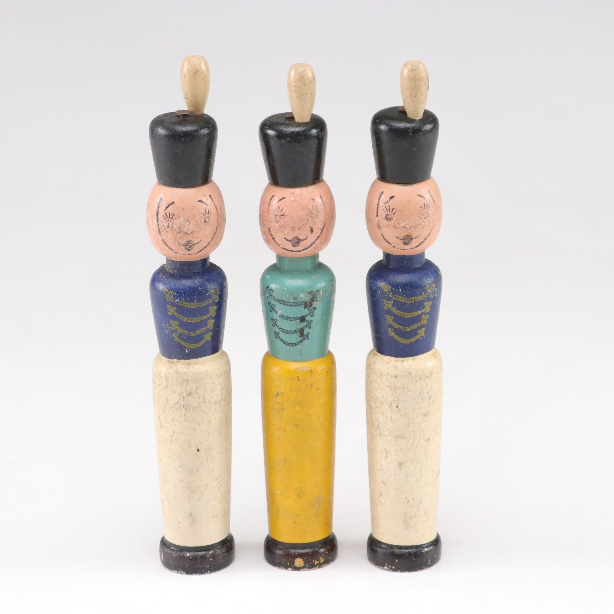 Skittles Set with Ten Painted Wood Toy Soldier Pins, Mid to Late 20th Century