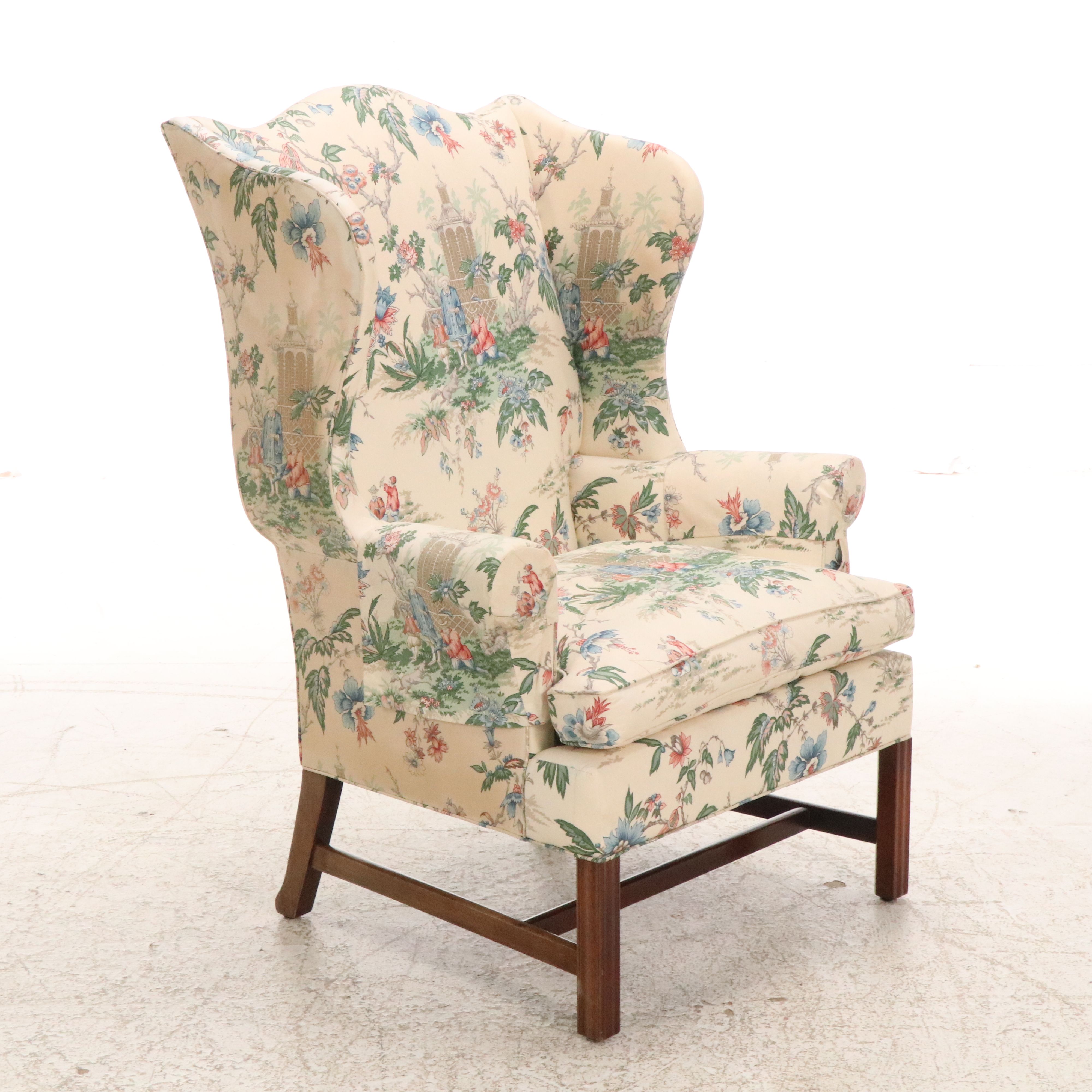 Southwood Chippendale Style Fabric Upholstered Wingback Armchair, Late 20th C.