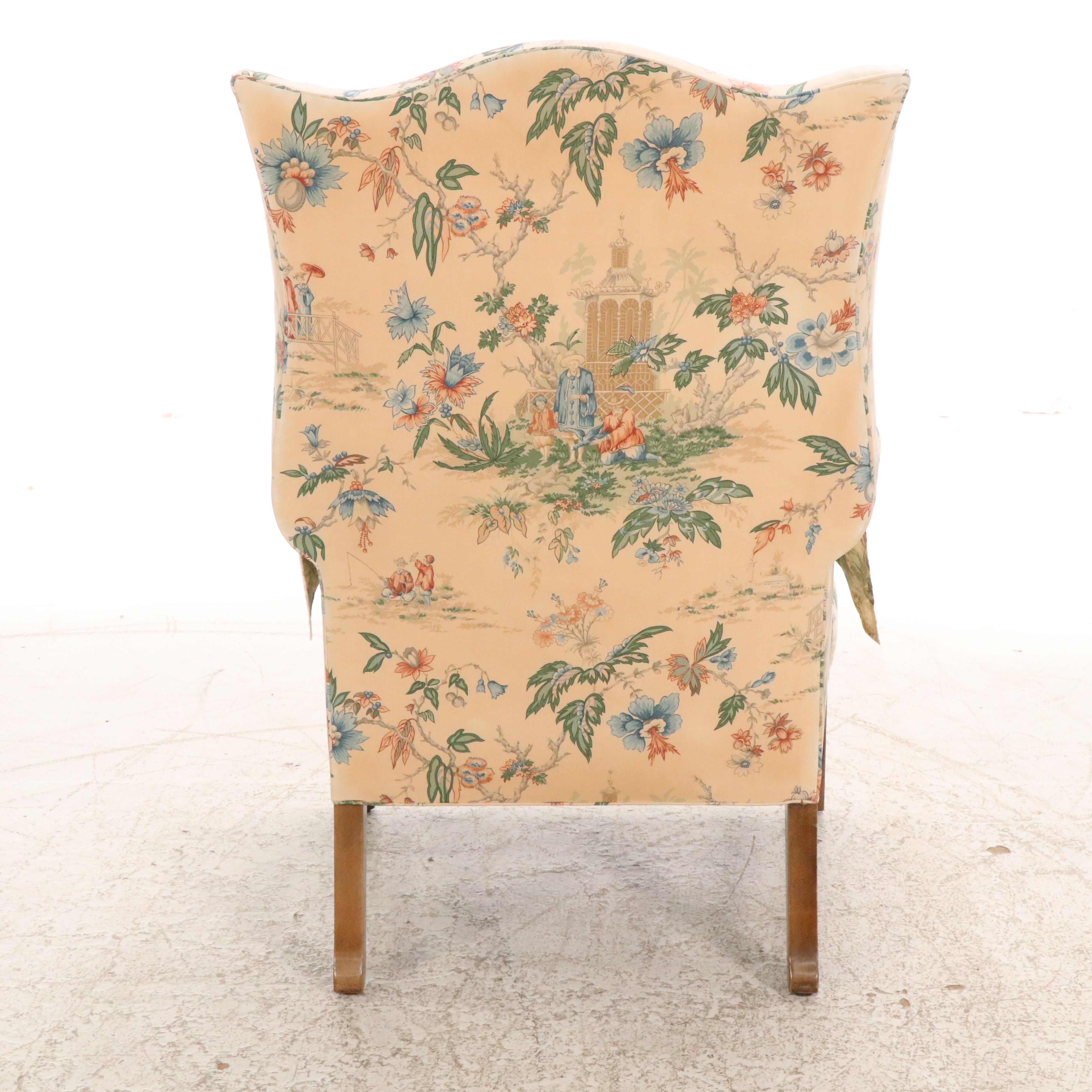 Southwood Chippendale Style Fabric Upholstered Wingback Armchair, Late 20th C.