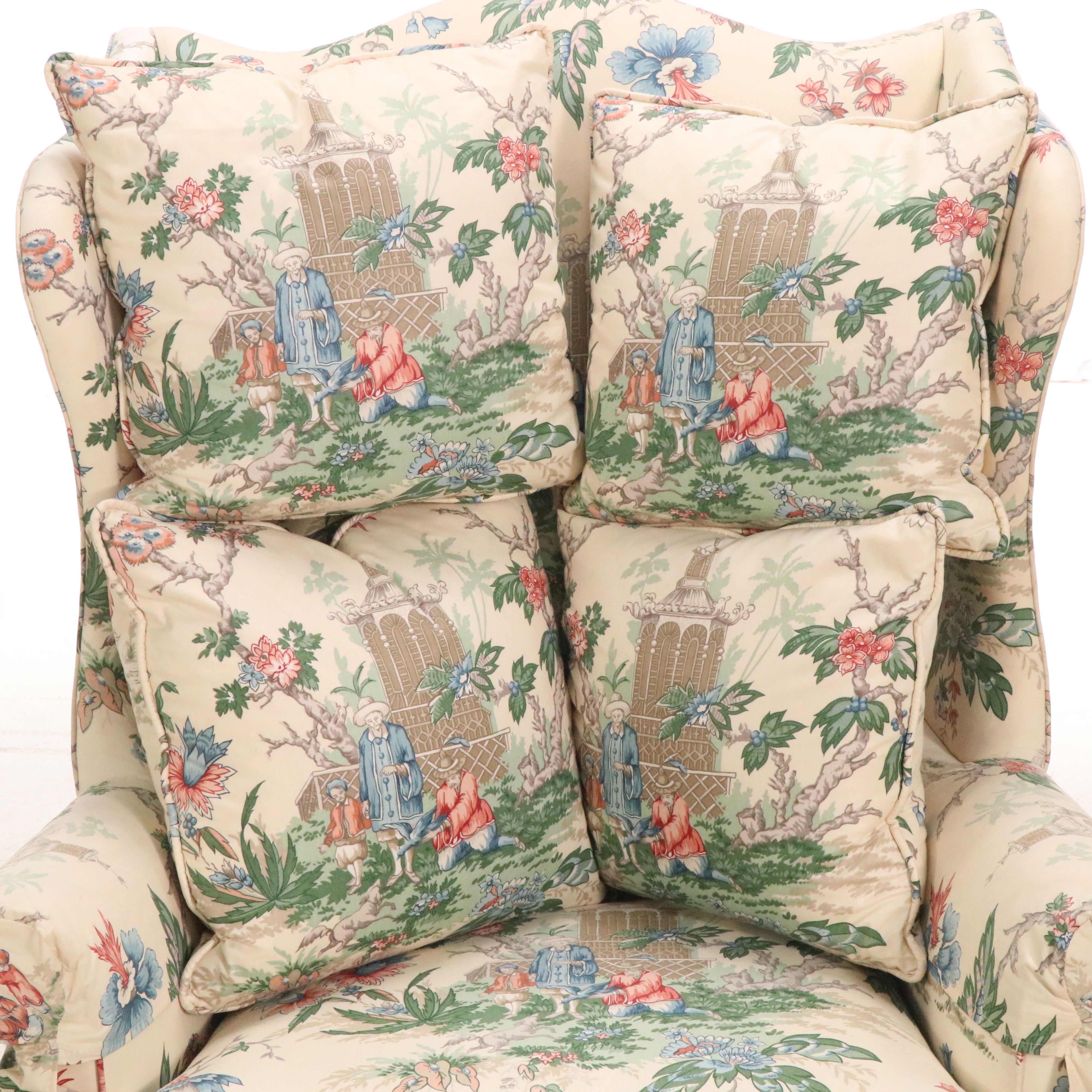 Southwood Chippendale Style Fabric Upholstered Wingback Armchair, Late 20th C.
