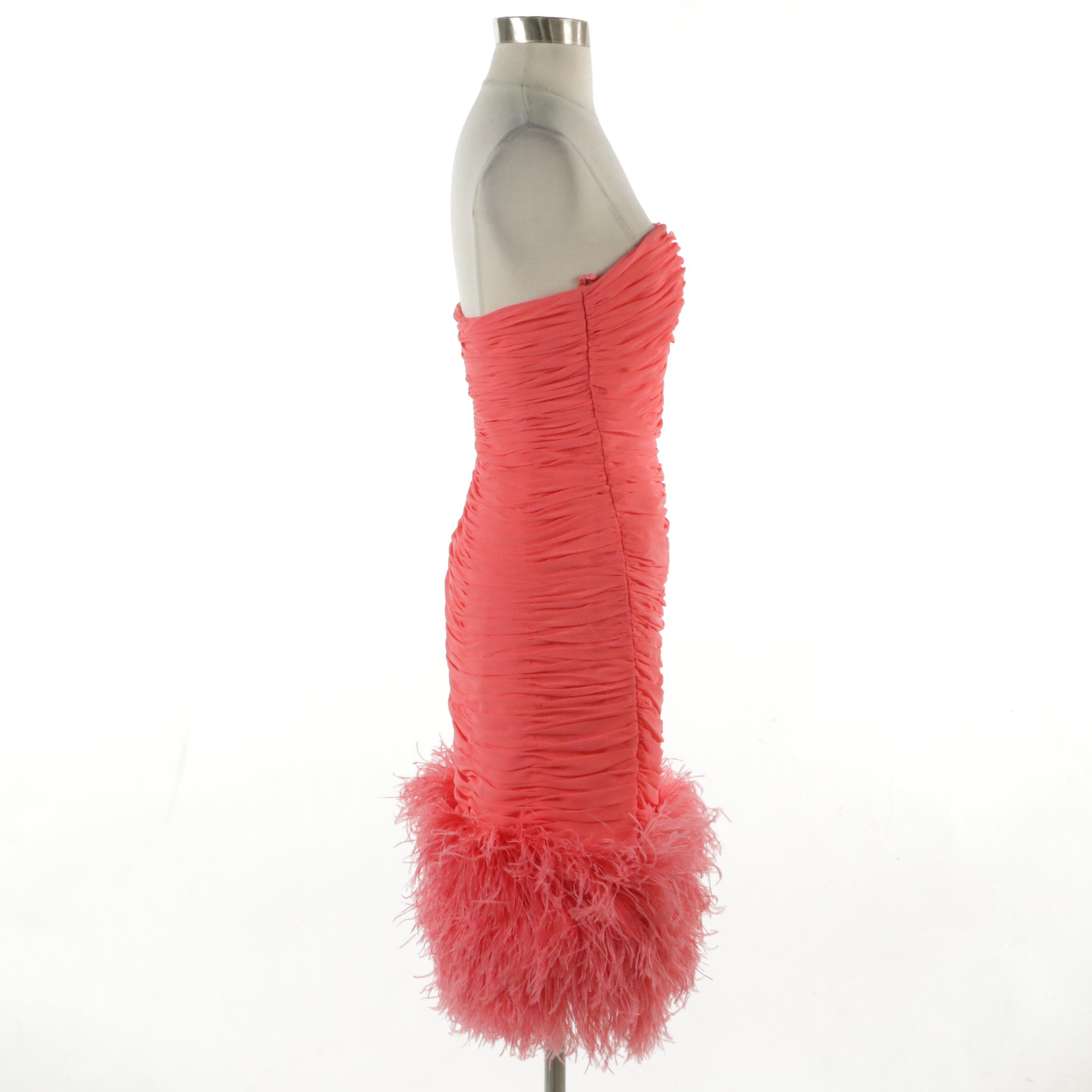 Victor Costa Pink Strapless Feather Trimmed Ruched Cocktail Dress