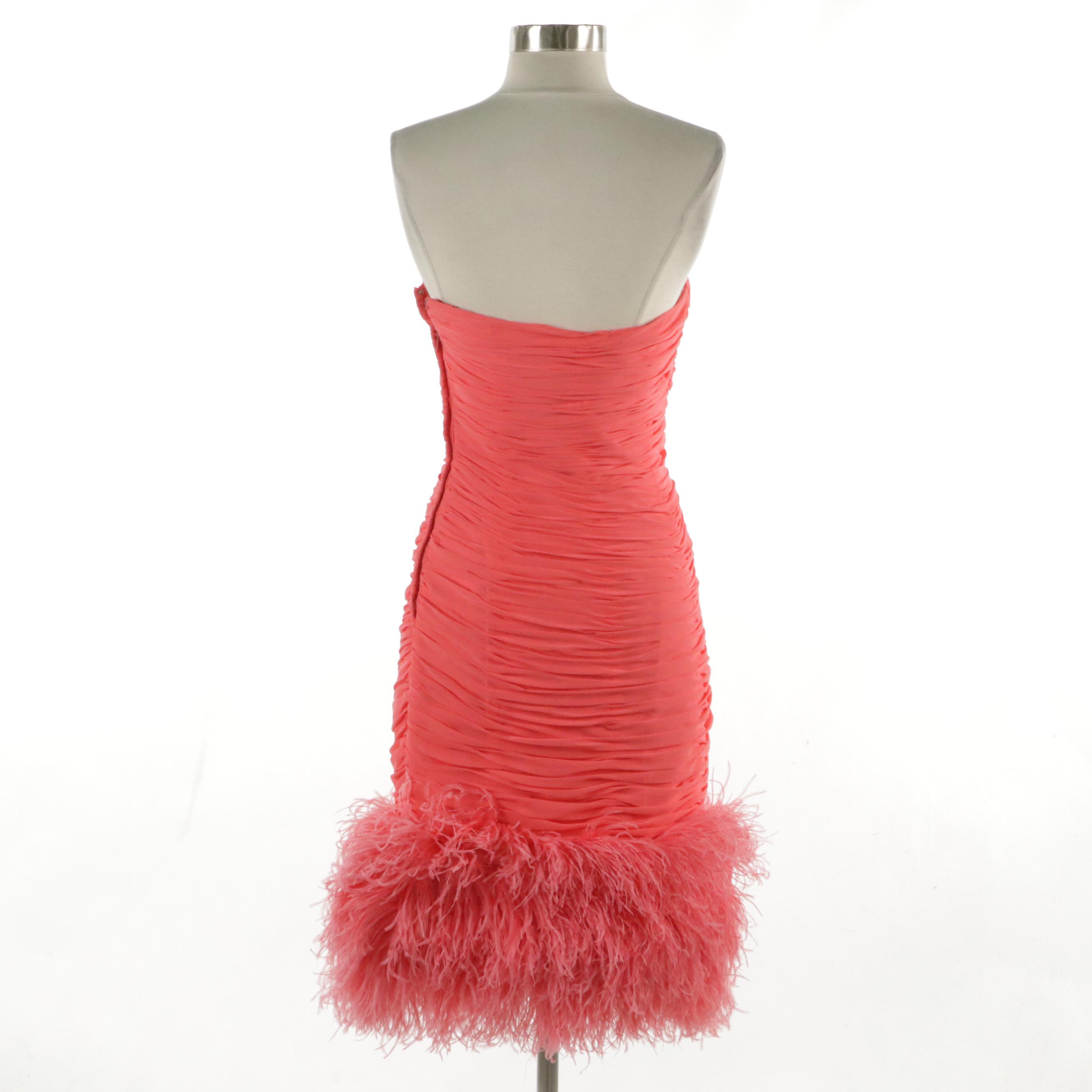 Victor Costa Pink Strapless Feather Trimmed Ruched Cocktail Dress
