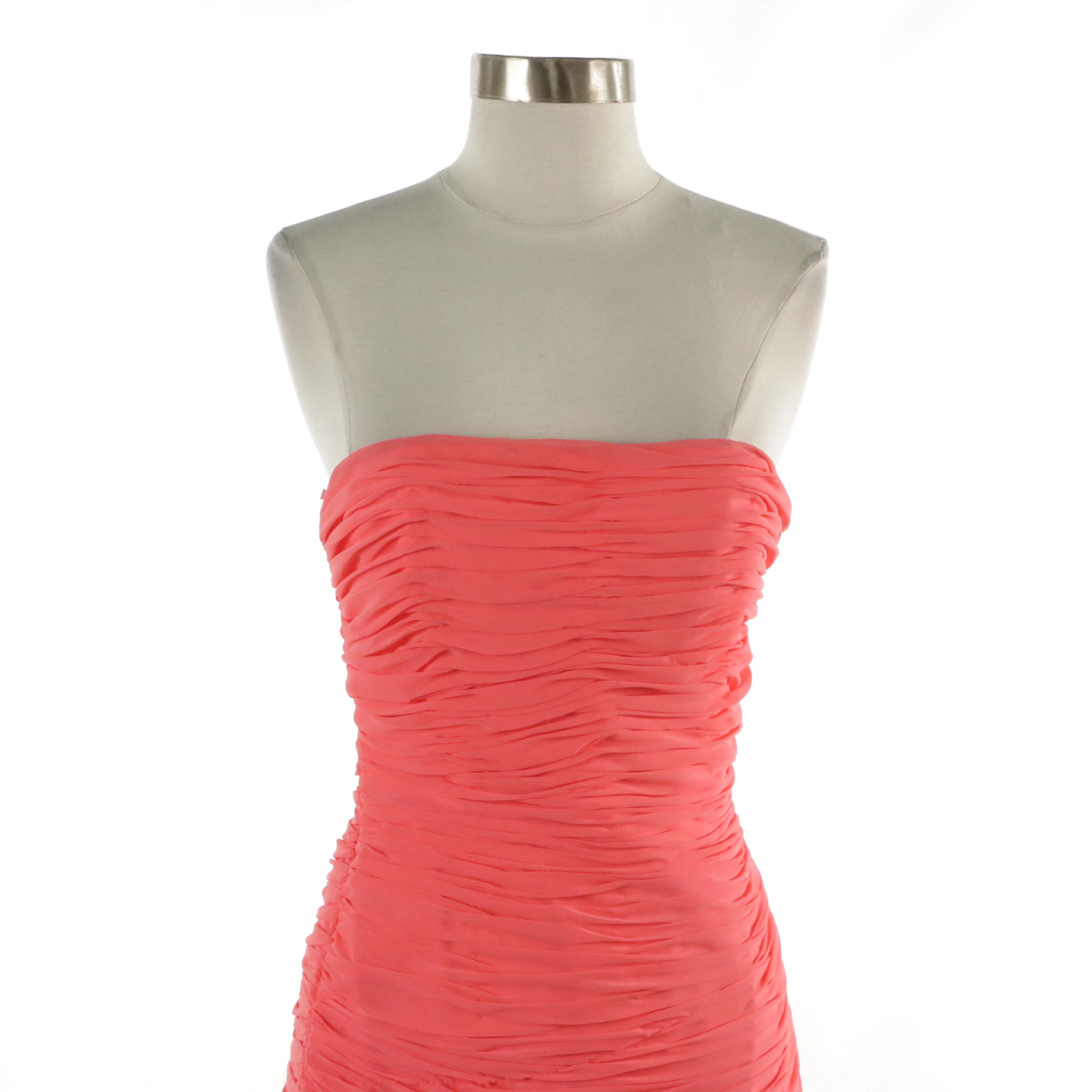 Victor Costa Pink Strapless Feather Trimmed Ruched Cocktail Dress