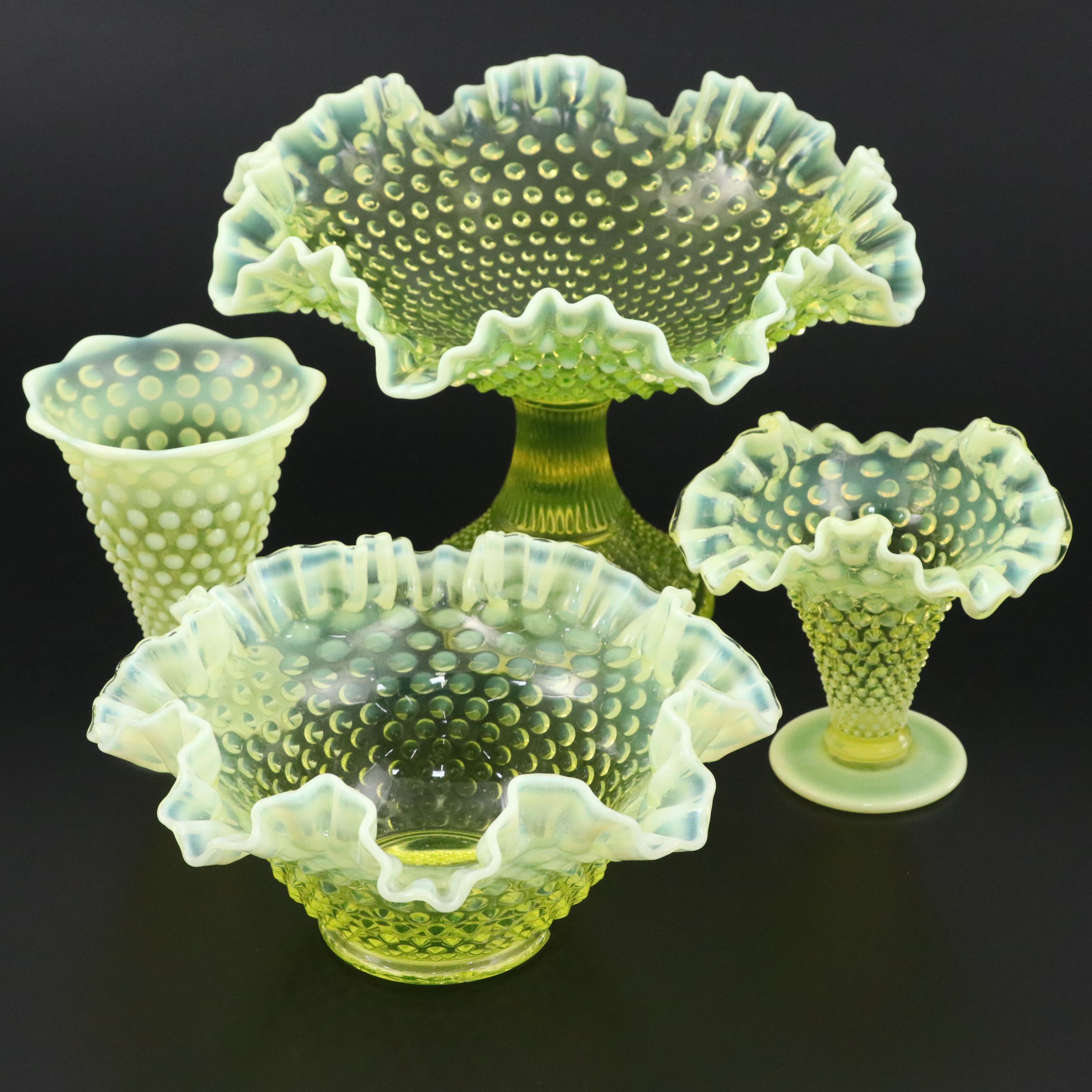 Fenton Hobnail Vaseline Opalescent Glass Compote, Bowl and Vases