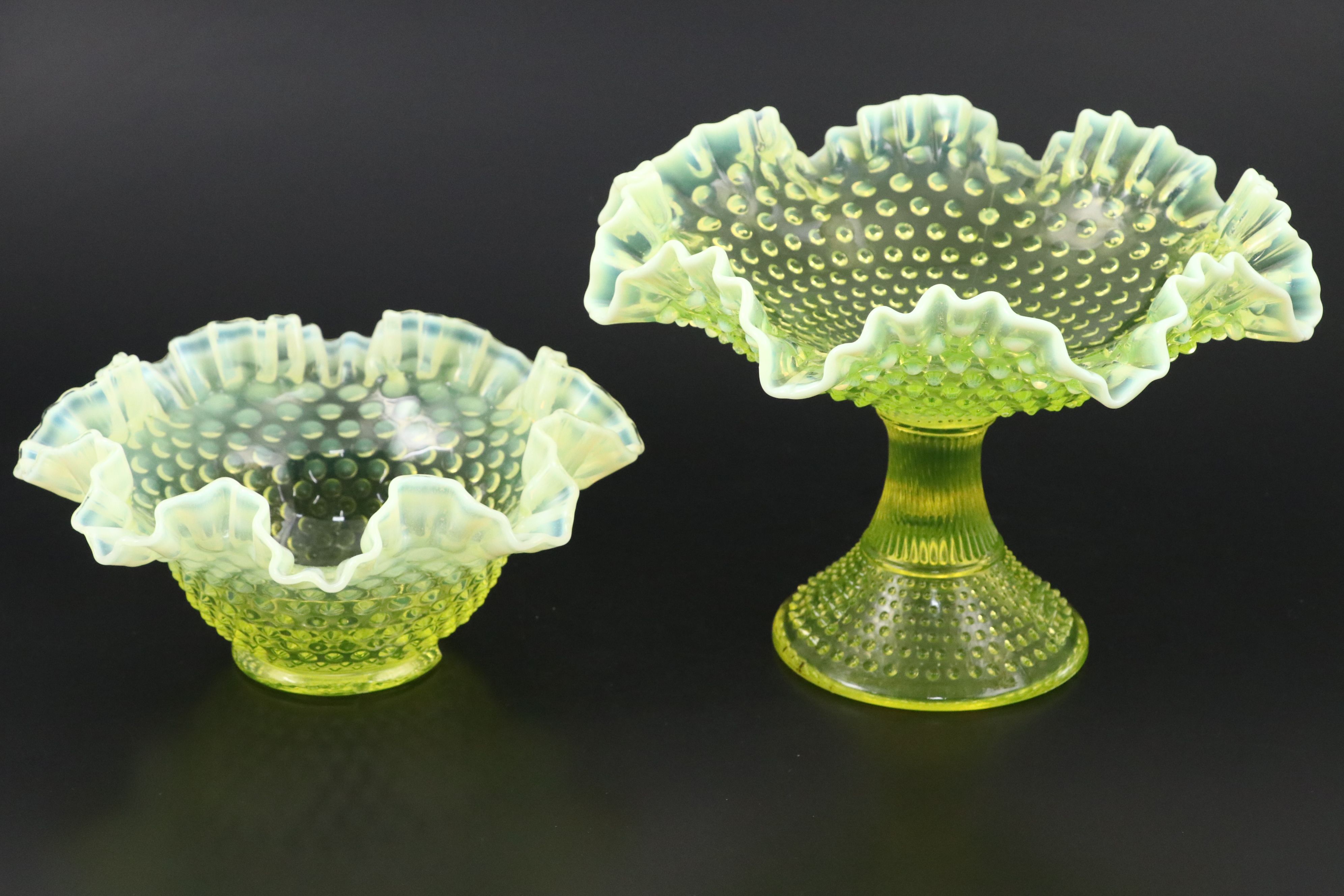 Fenton Hobnail Vaseline Opalescent Glass Compote, Bowl and Vases