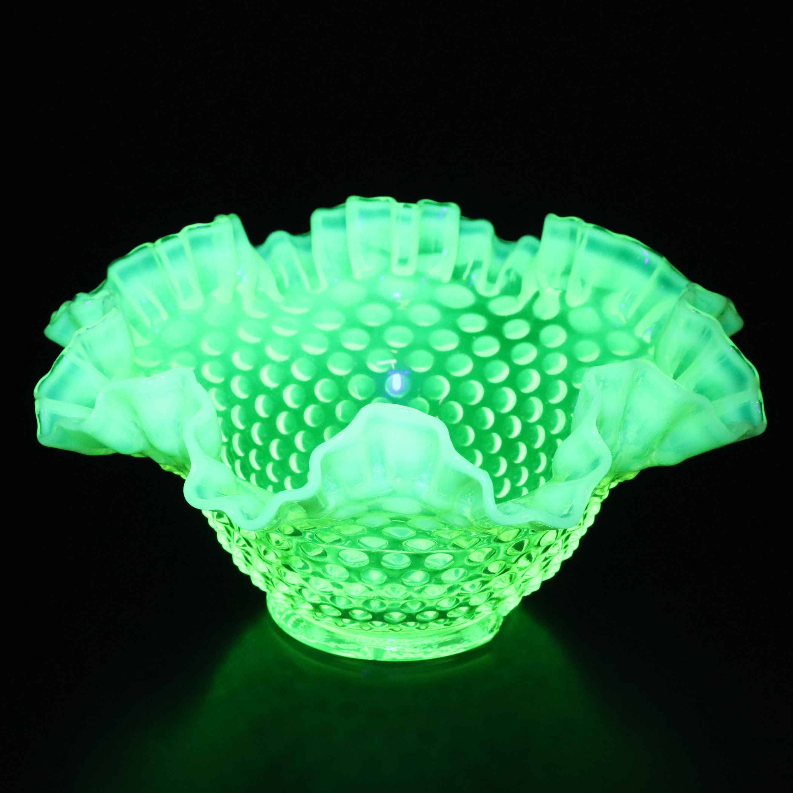 Fenton Hobnail Vaseline Opalescent Glass Compote, Bowl and Vases
