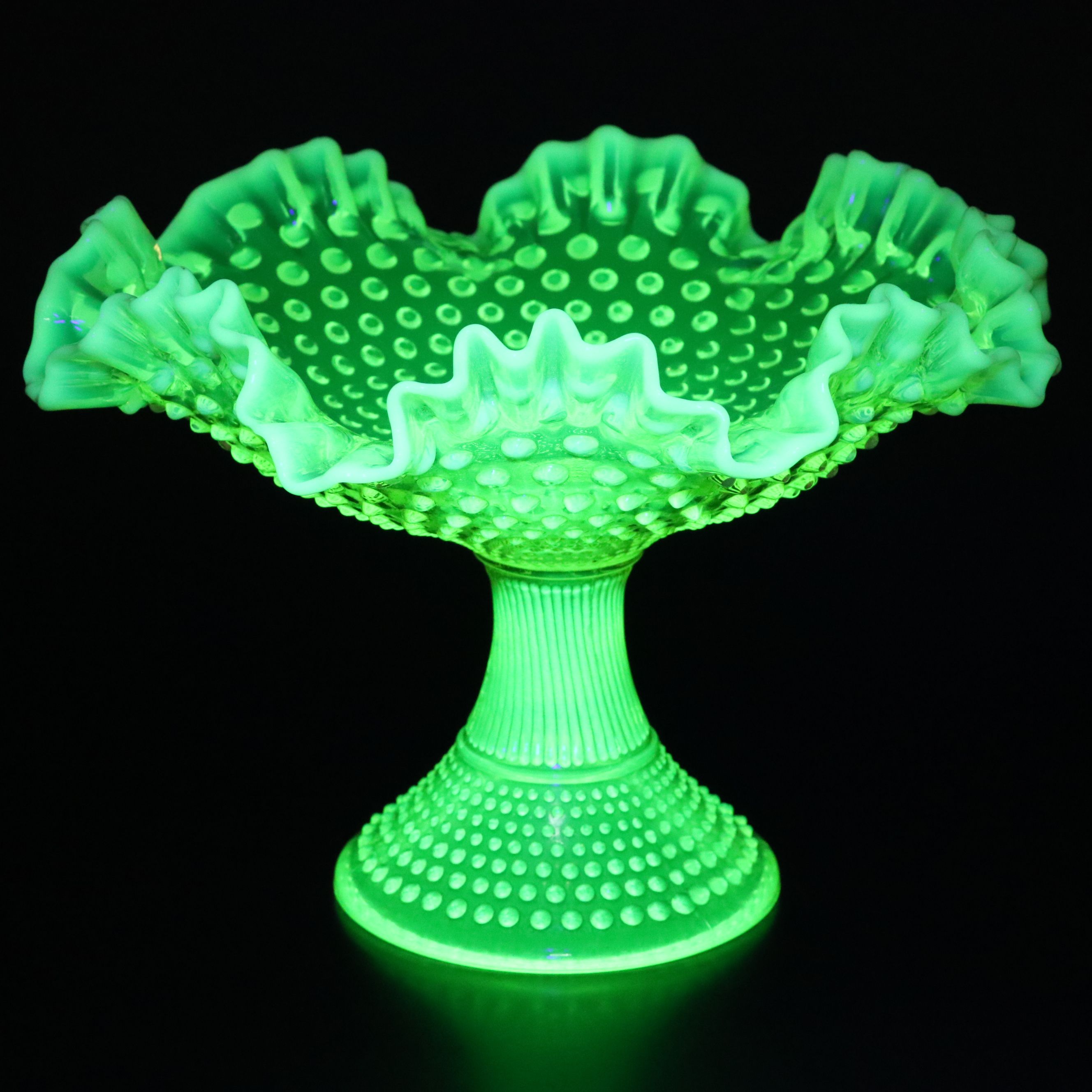 Fenton Hobnail Vaseline Opalescent Glass Compote, Bowl and Vases
