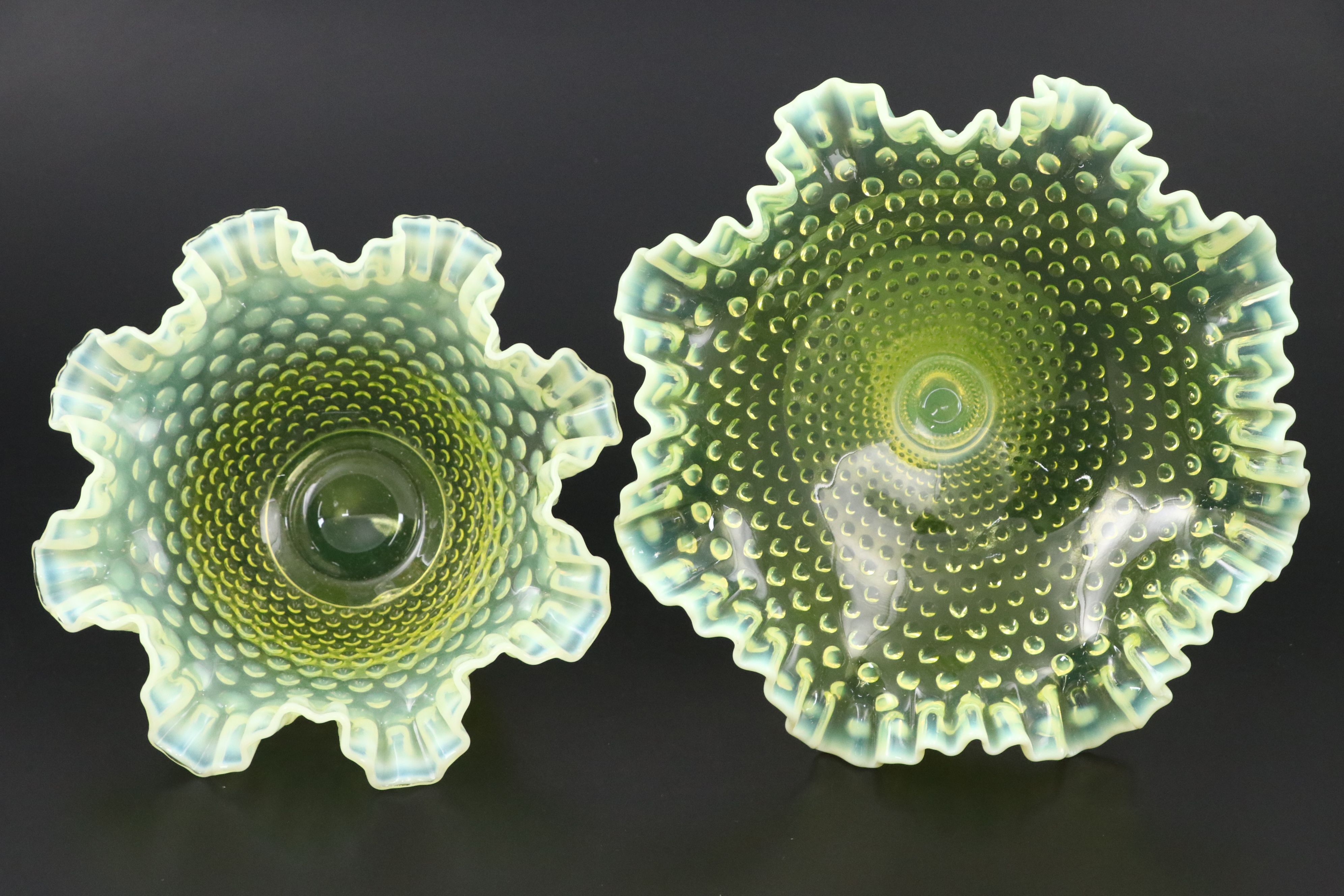 Fenton Hobnail Vaseline Opalescent Glass Compote, Bowl and Vases