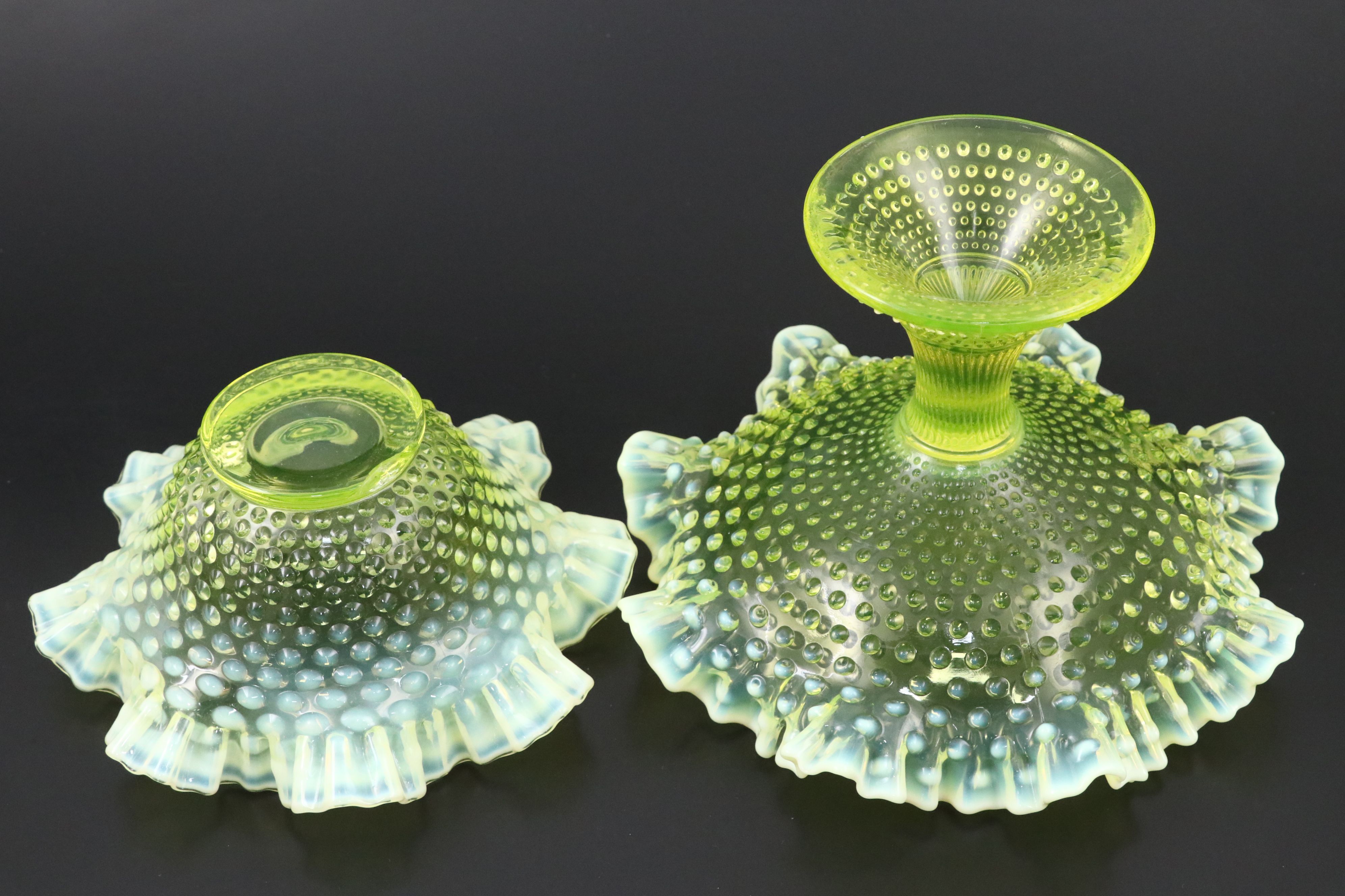 Fenton Hobnail Vaseline Opalescent Glass Compote, Bowl and Vases