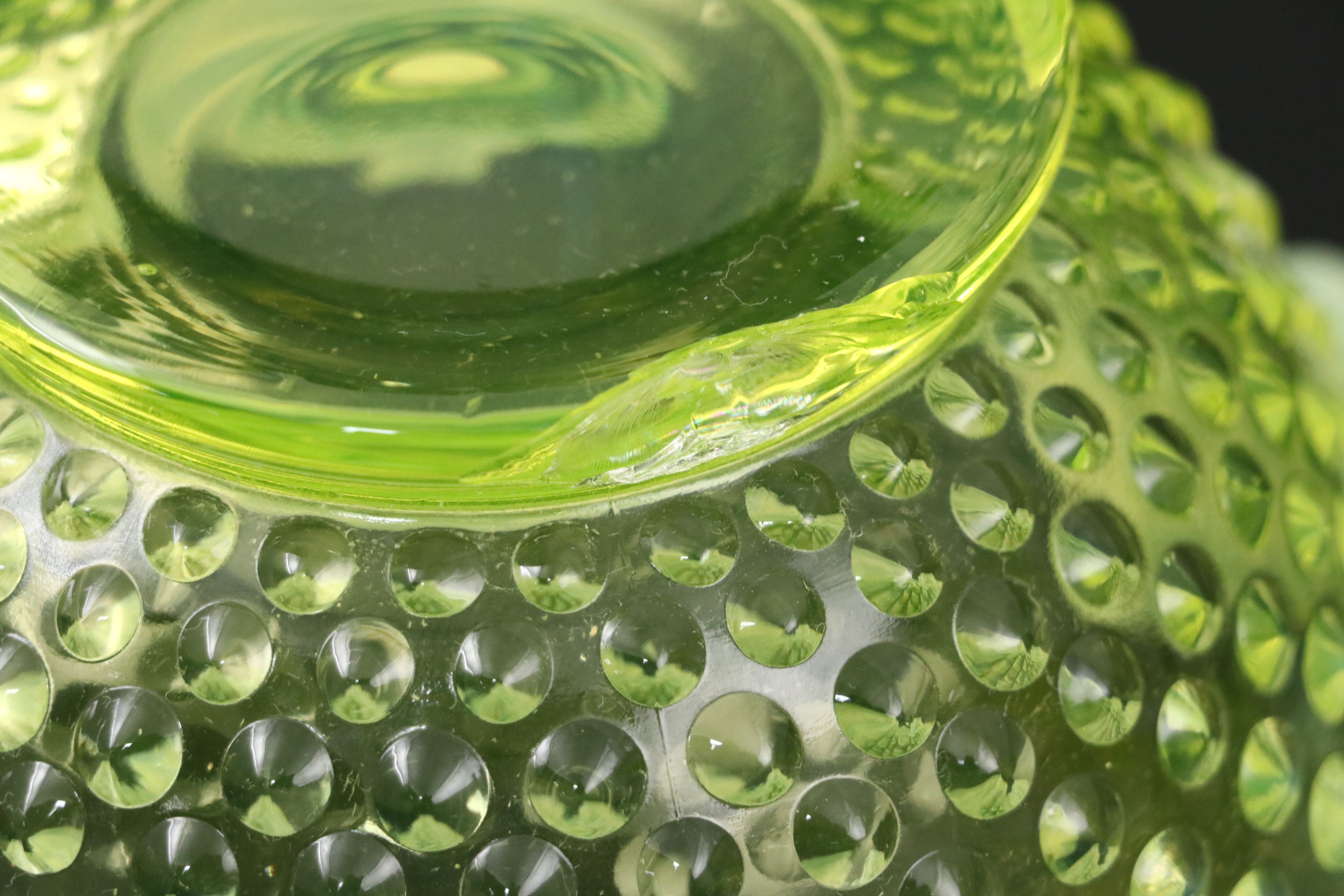 Fenton Hobnail Vaseline Opalescent Glass Compote, Bowl and Vases