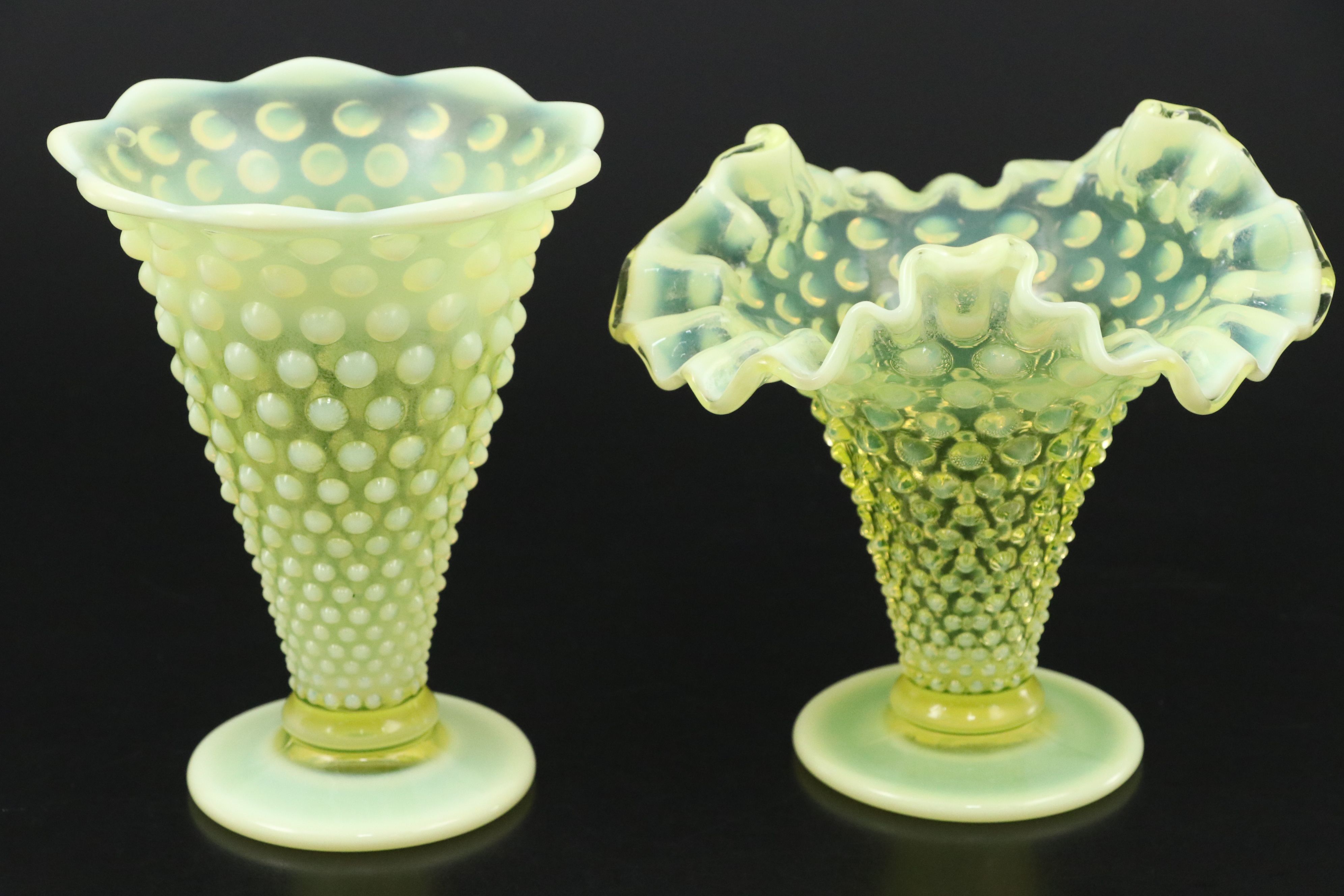 Fenton Hobnail Vaseline Opalescent Glass Compote, Bowl and Vases