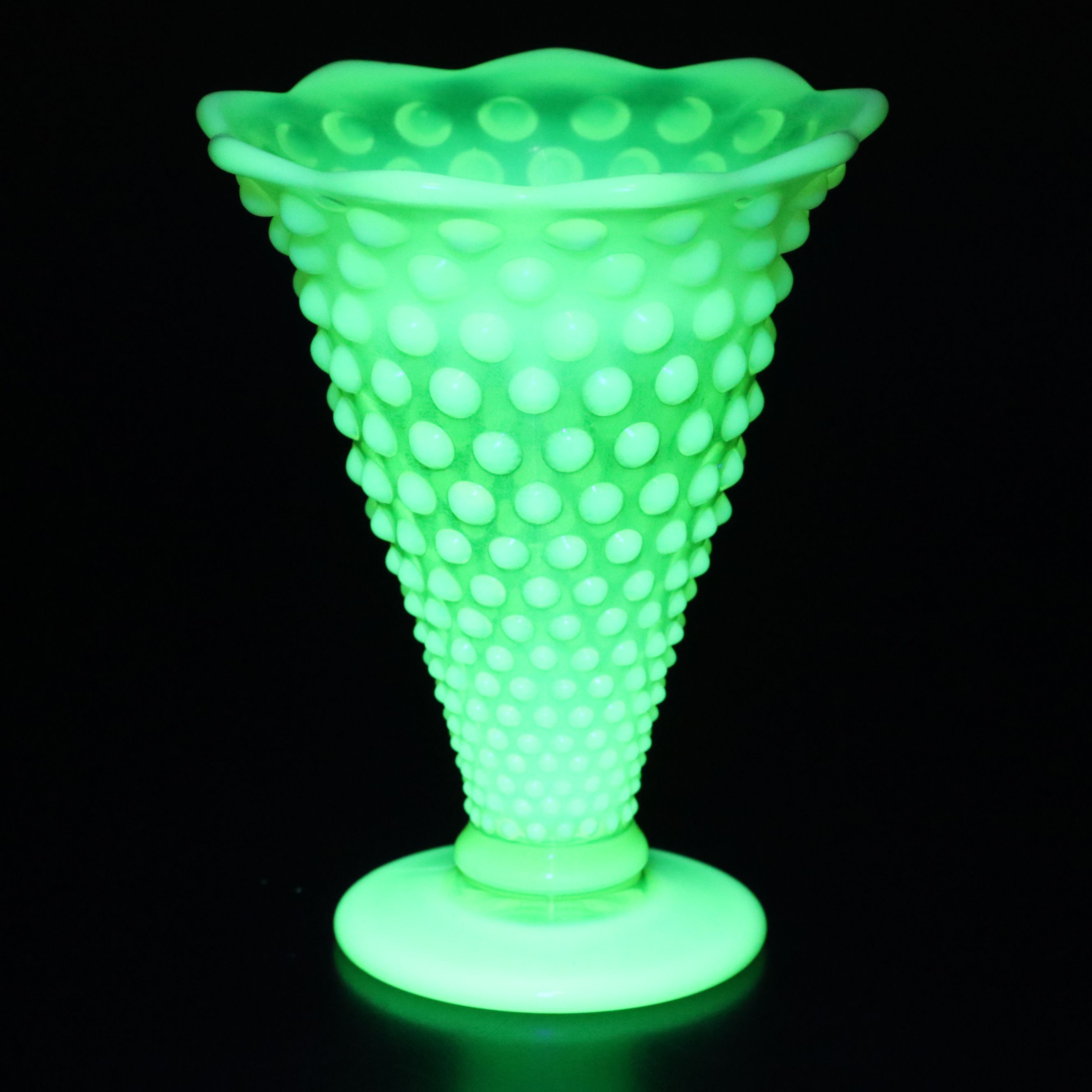 Fenton Hobnail Vaseline Opalescent Glass Compote, Bowl and Vases