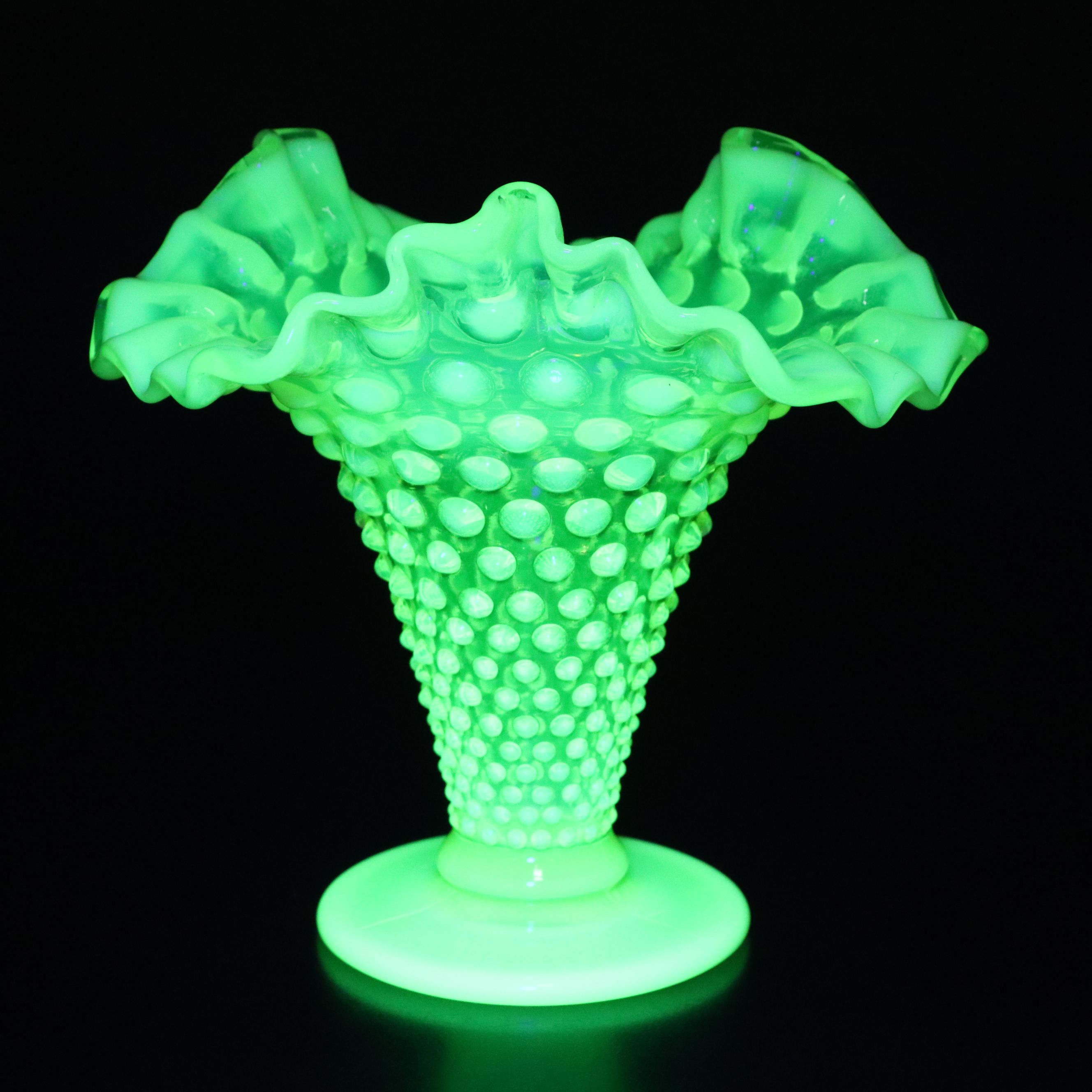 Fenton Hobnail Vaseline Opalescent Glass Compote, Bowl and Vases