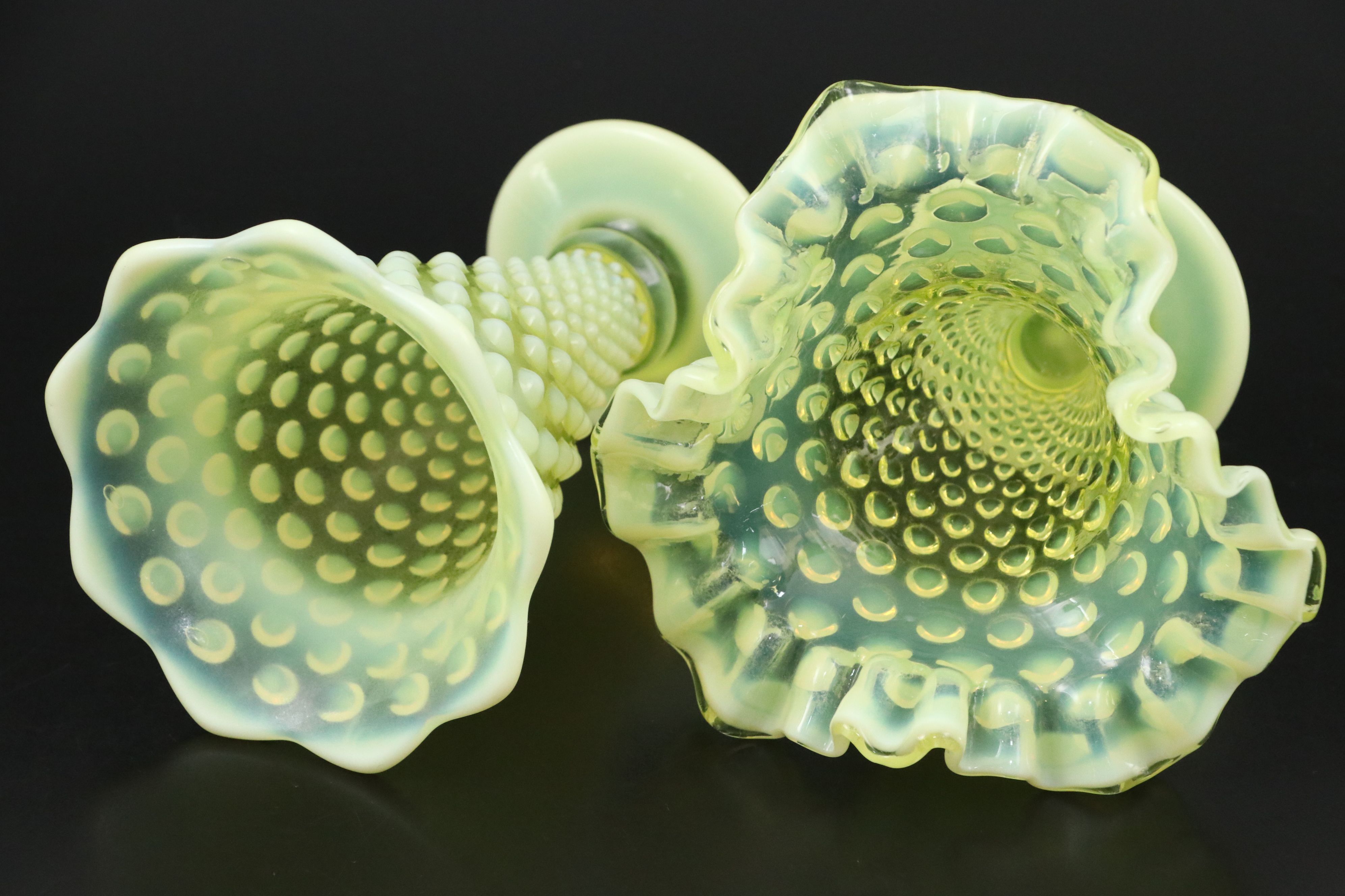 Fenton Hobnail Vaseline Opalescent Glass Compote, Bowl and Vases