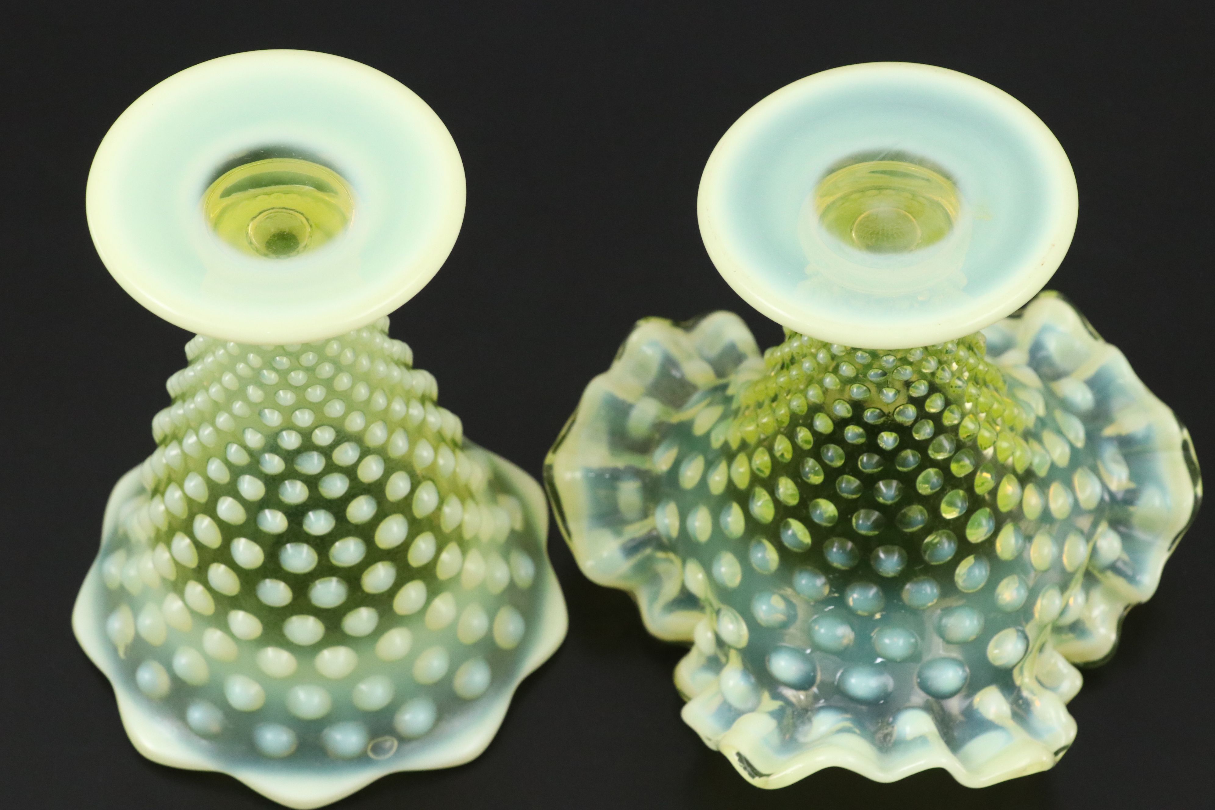 Fenton Hobnail Vaseline Opalescent Glass Compote, Bowl and Vases