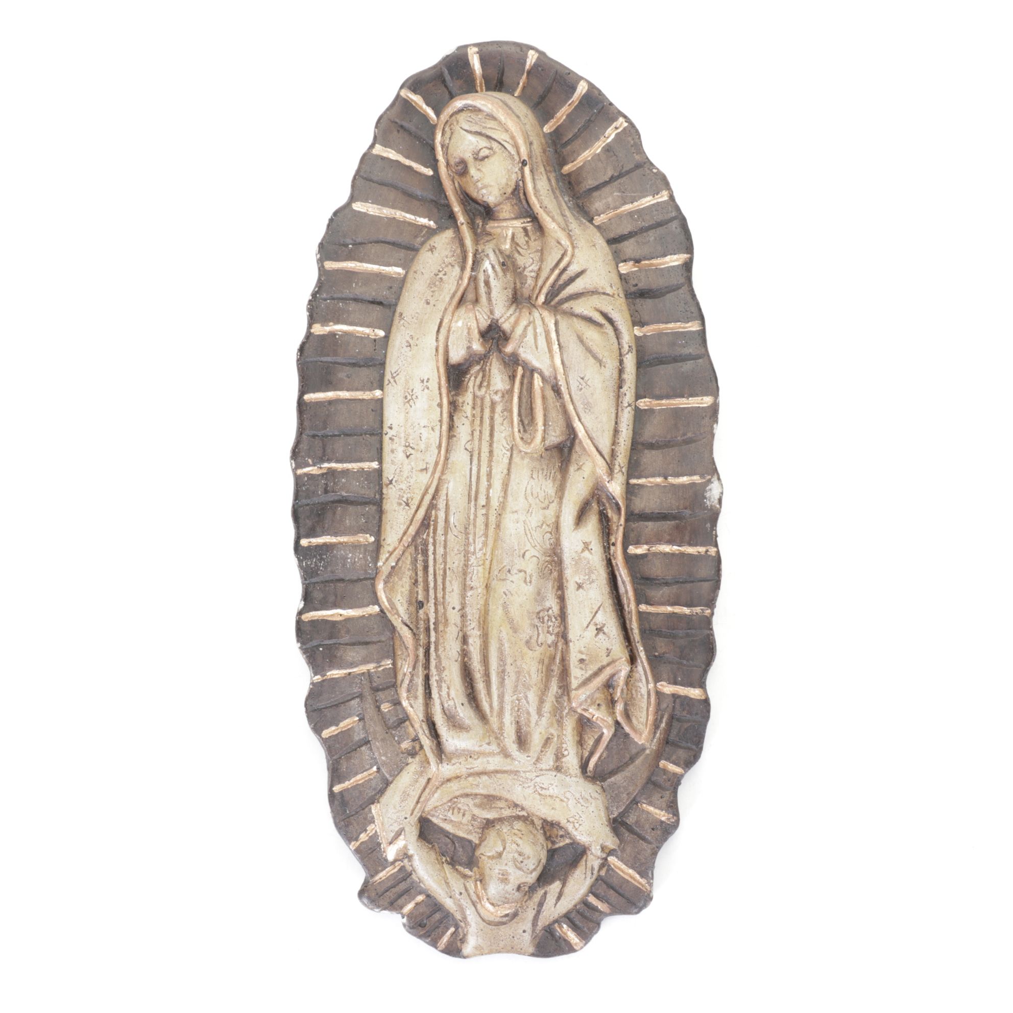 Catholic "Our Lady of Guadalupe" Painted Cast Plaster Wall Plaque