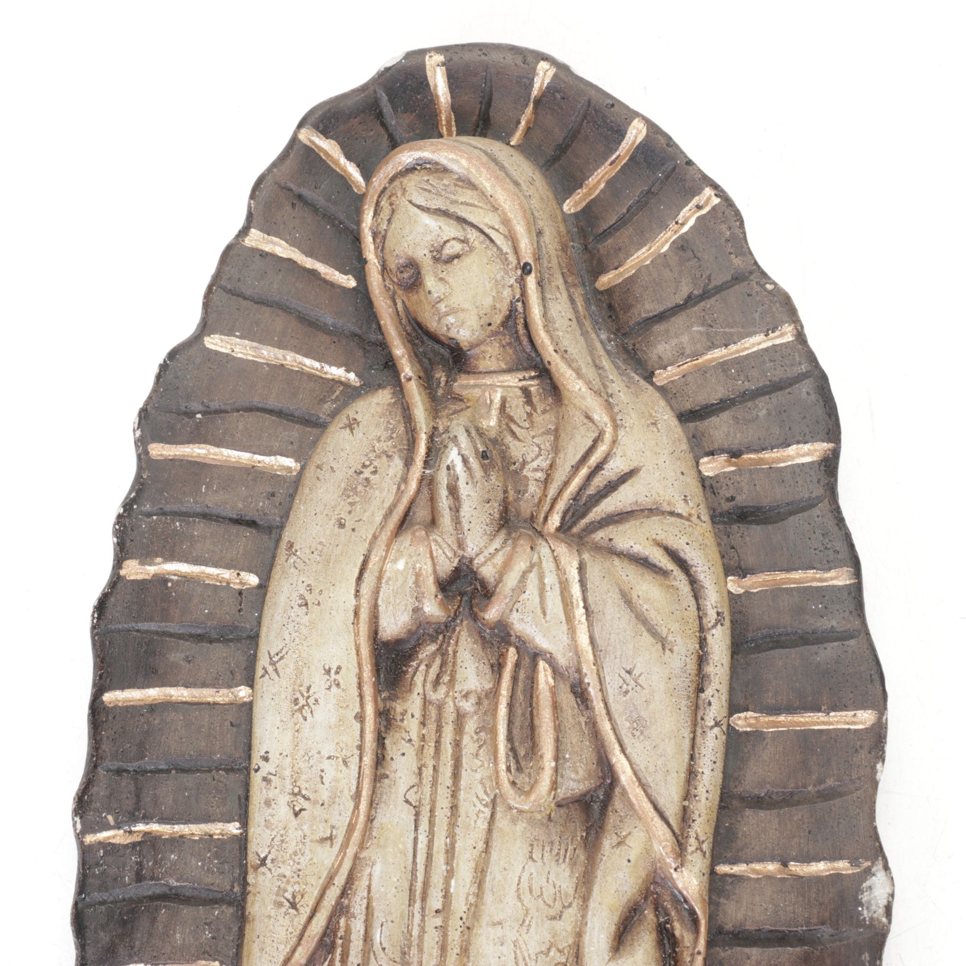 Catholic "Our Lady of Guadalupe" Painted Cast Plaster Wall Plaque