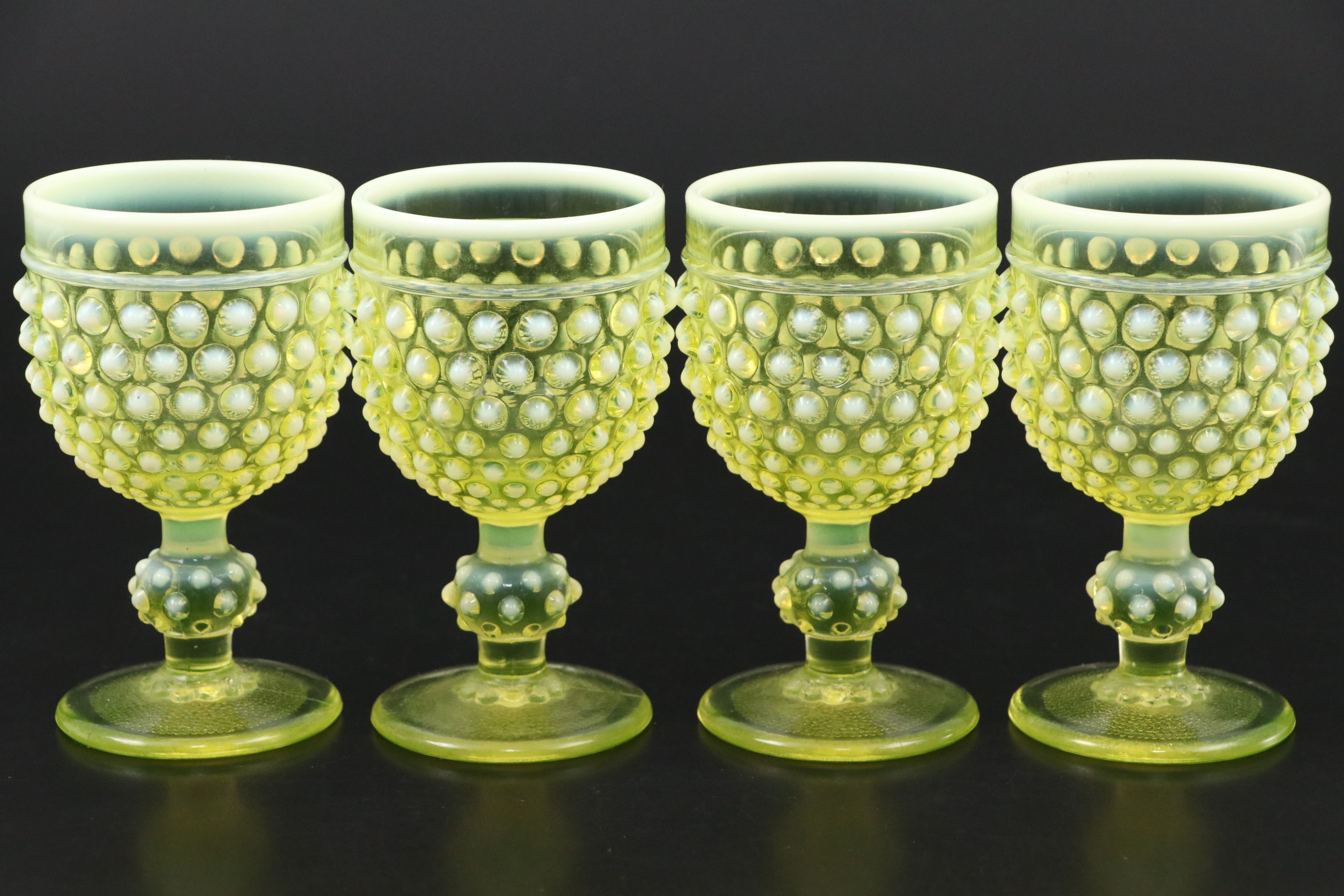 Imperial "Dewdrop" Hobnail Vaseline Opalescent Wine Glasses with Decanter