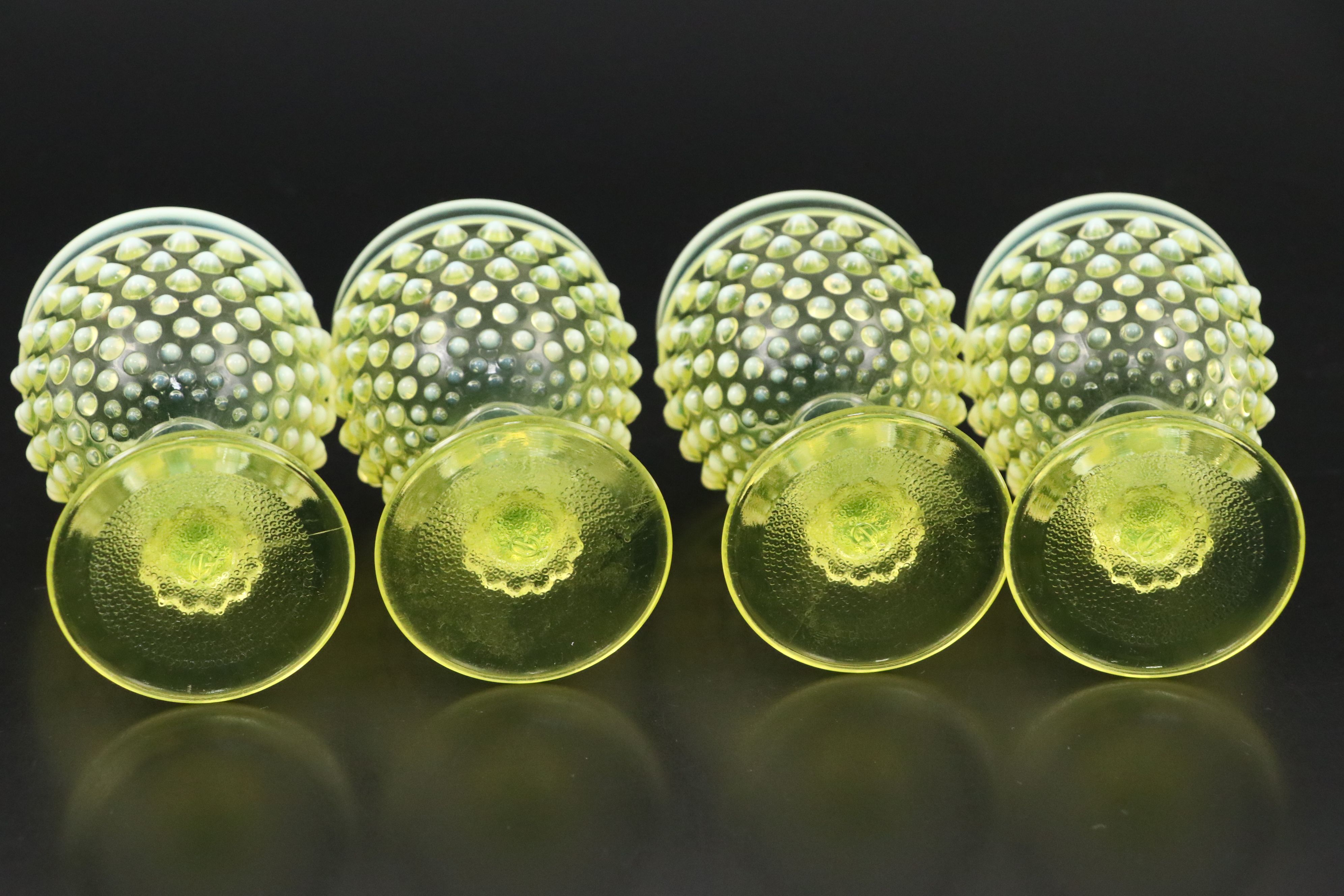 Imperial "Dewdrop" Hobnail Vaseline Opalescent Wine Glasses with Decanter