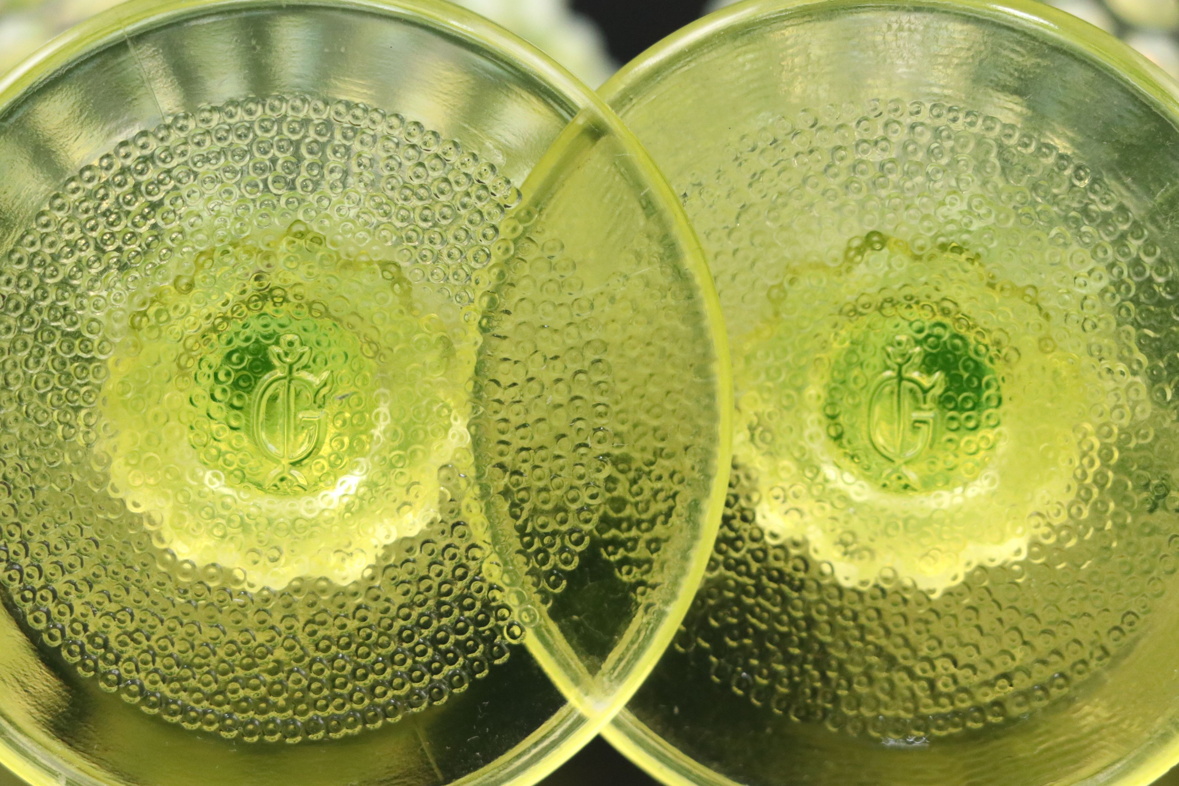 Imperial "Dewdrop" Hobnail Vaseline Opalescent Wine Glasses with Decanter