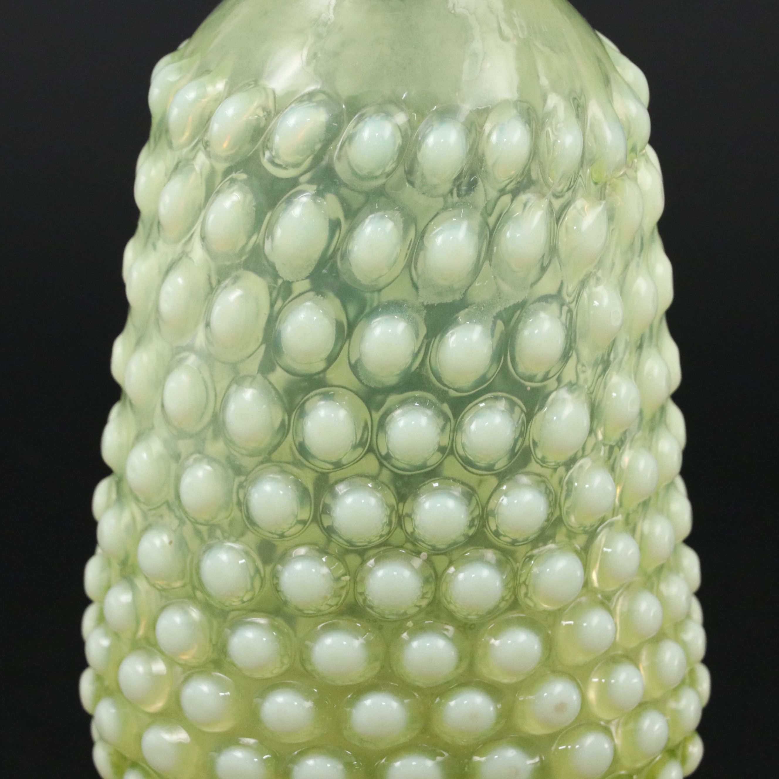 Imperial "Dewdrop" Hobnail Vaseline Opalescent Wine Glasses with Decanter