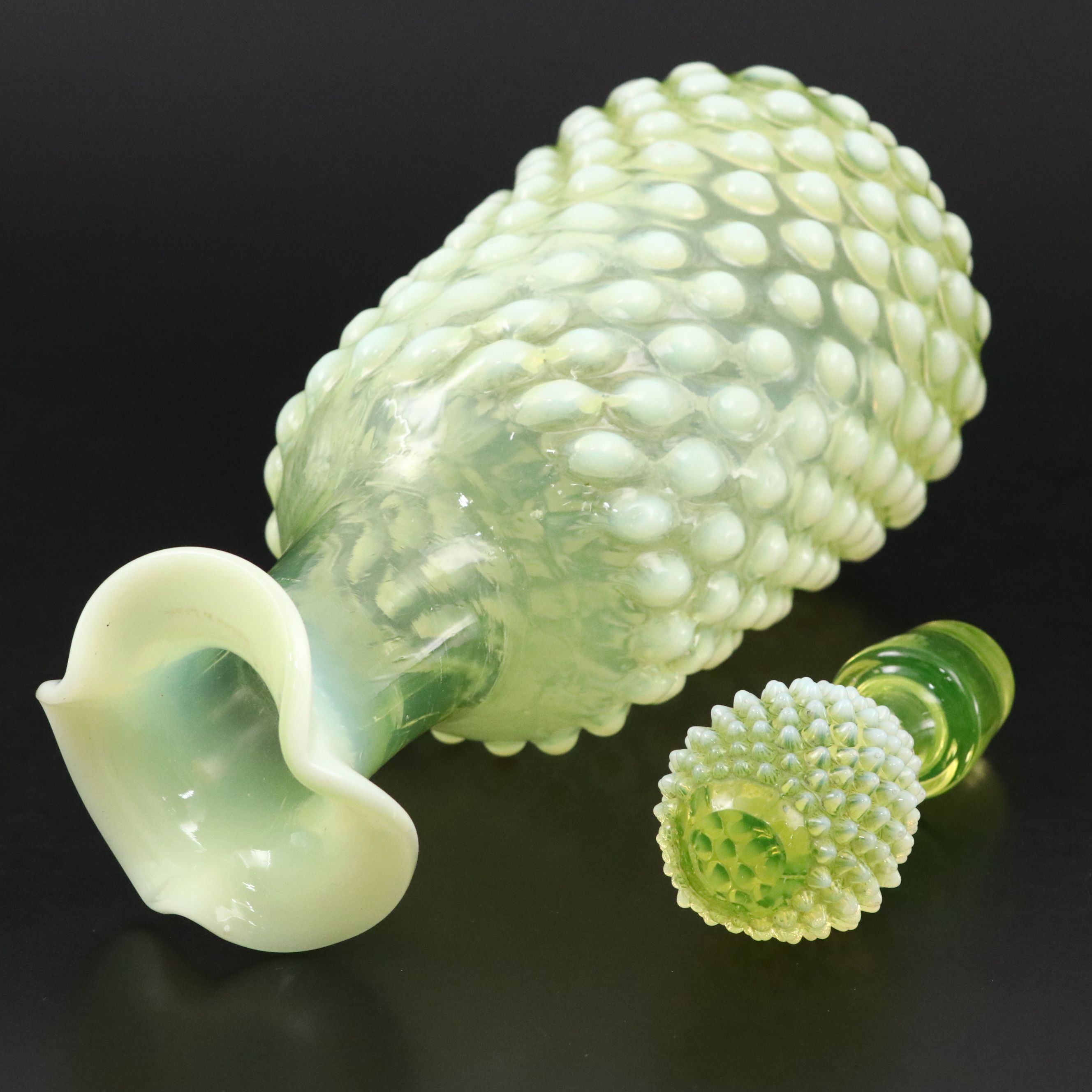 Imperial "Dewdrop" Hobnail Vaseline Opalescent Wine Glasses with Decanter