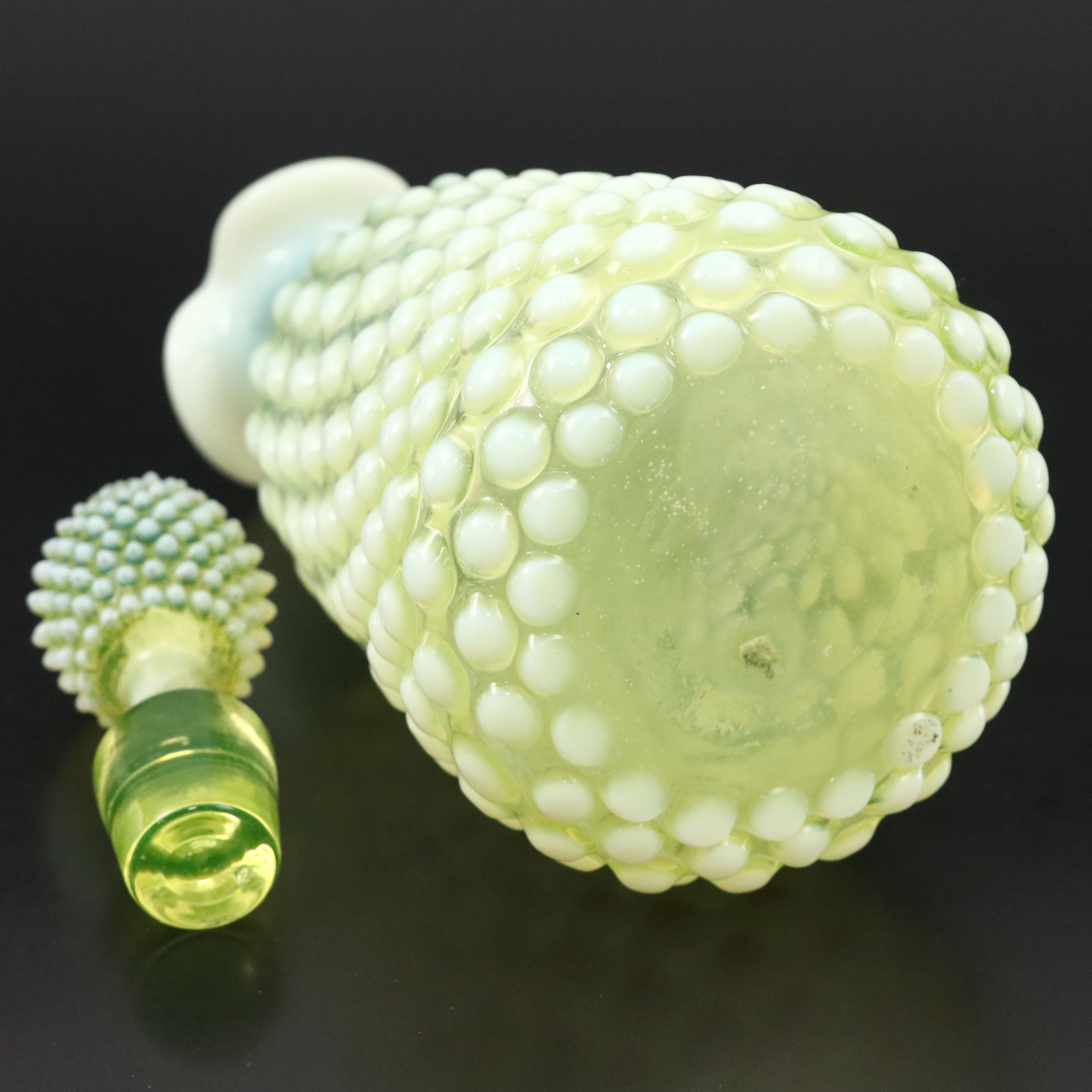 Imperial "Dewdrop" Hobnail Vaseline Opalescent Wine Glasses with Decanter