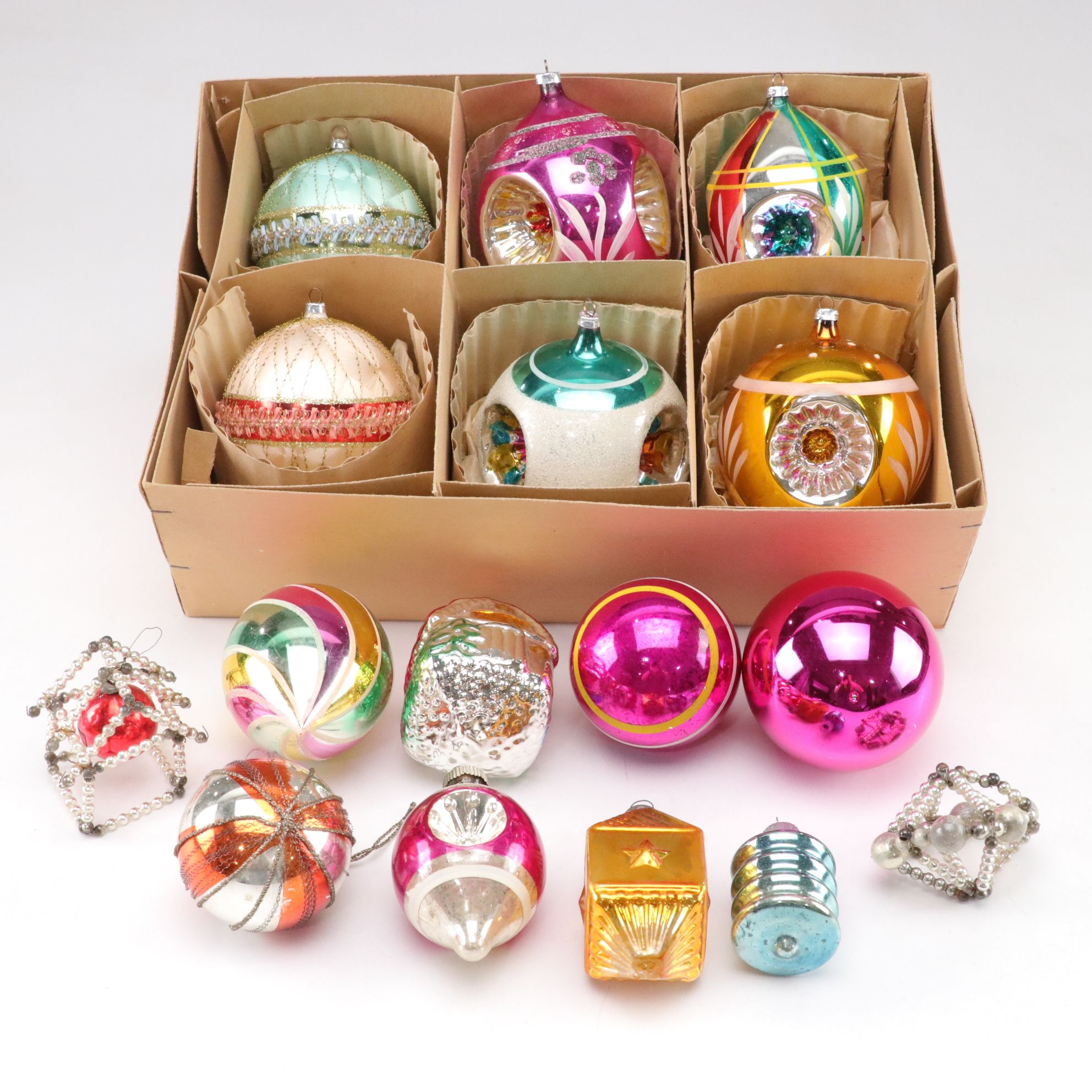 Shiny Brite and West German Hand-Blown Glass Embellished Glitter Ornaments