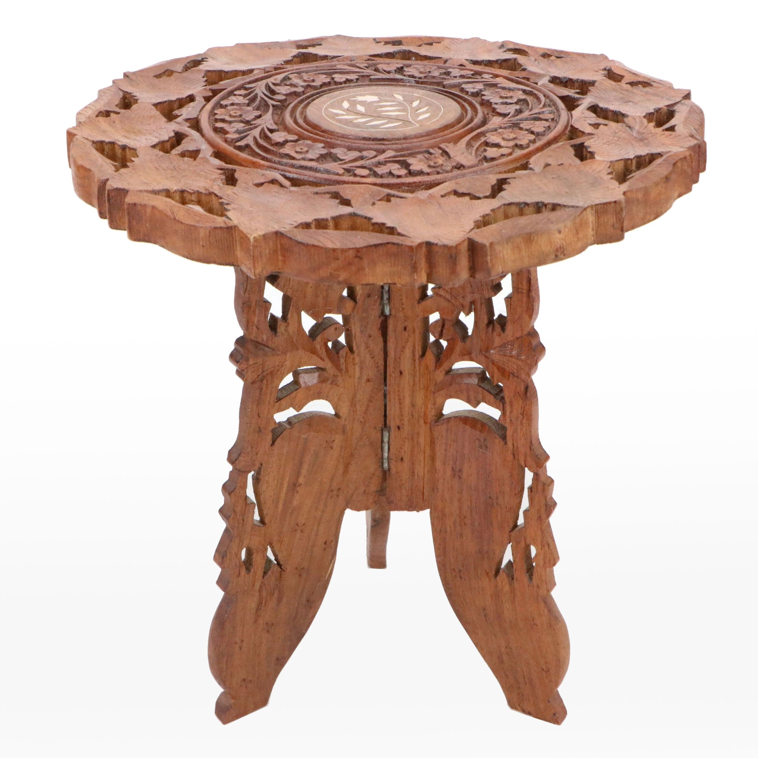 Archana Handicrafts Indian Hand-Carved Wood and Inlay Folding Plant Stand