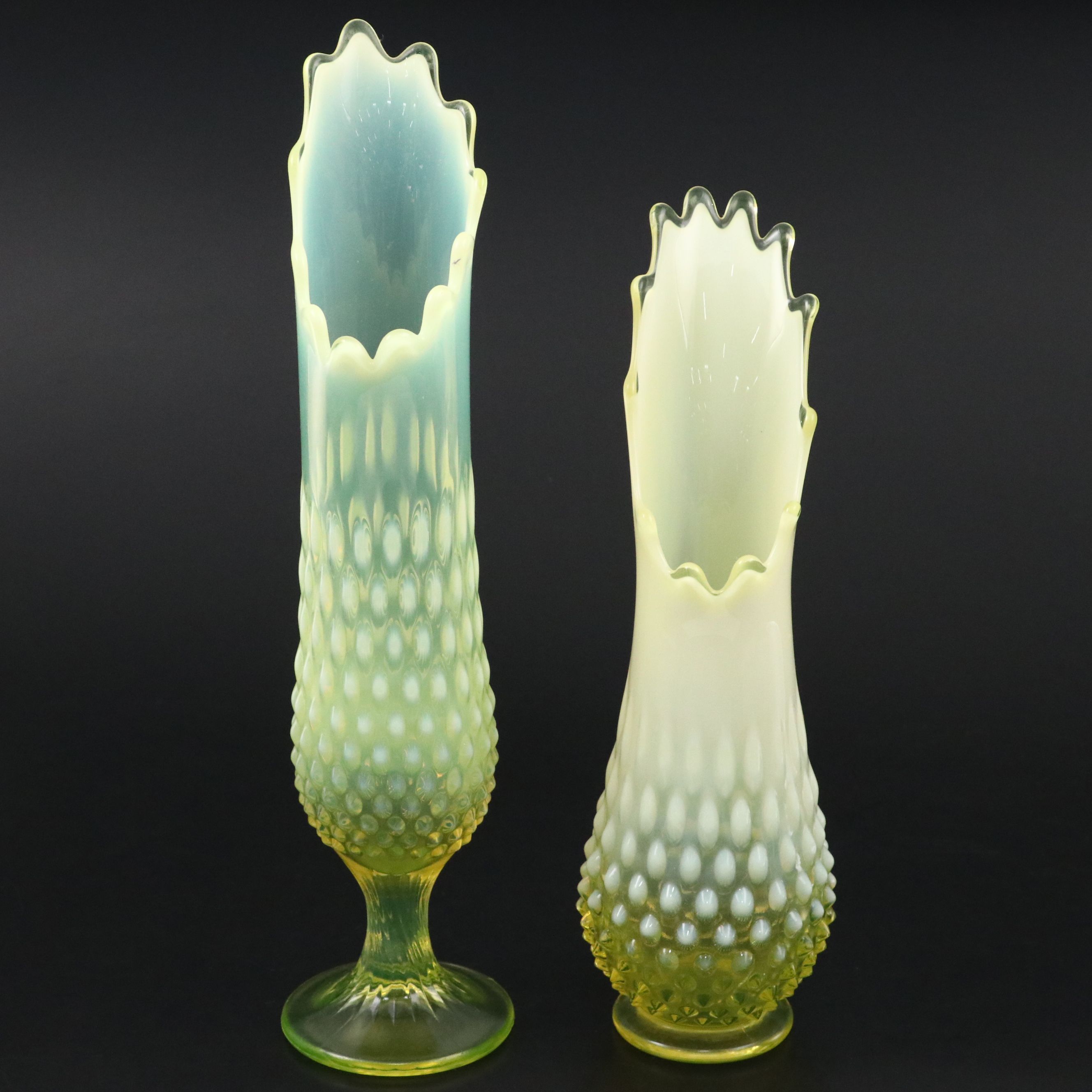 Fenton Hobnail Vaseline Opalescent Glass Swung Vases