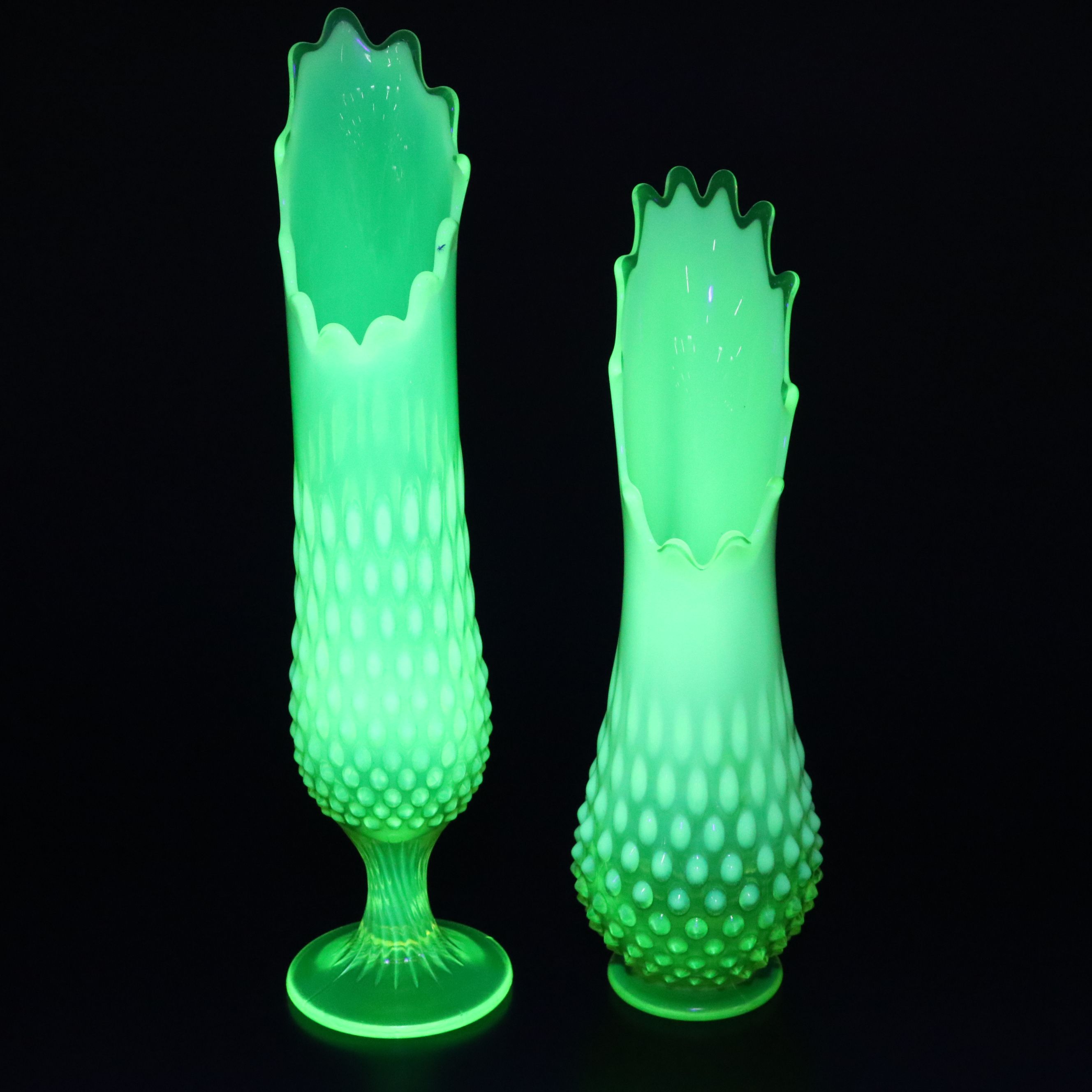Fenton Hobnail Vaseline Opalescent Glass Swung Vases