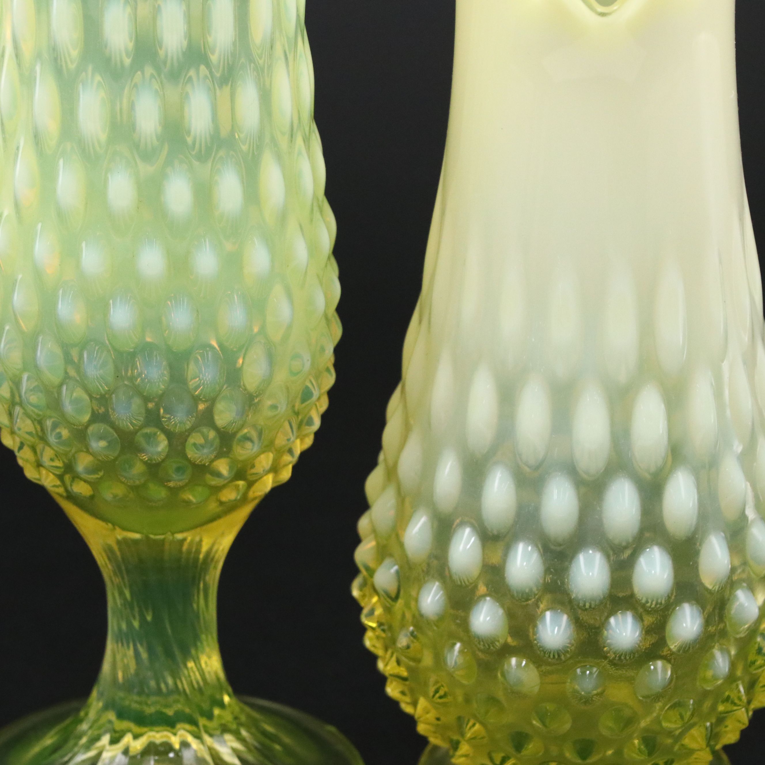 Fenton Hobnail Vaseline Opalescent Glass Swung Vases