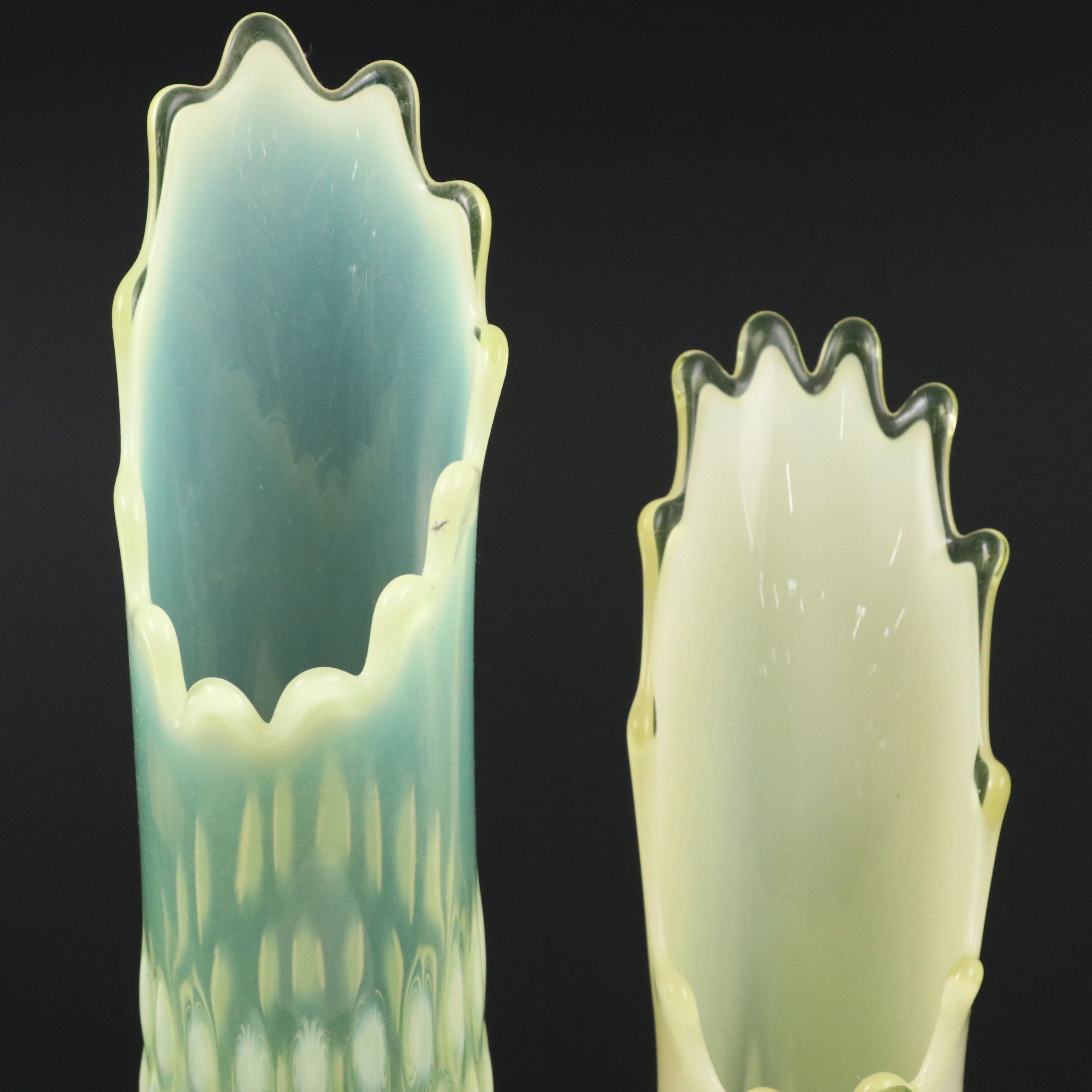 Fenton Hobnail Vaseline Opalescent Glass Swung Vases