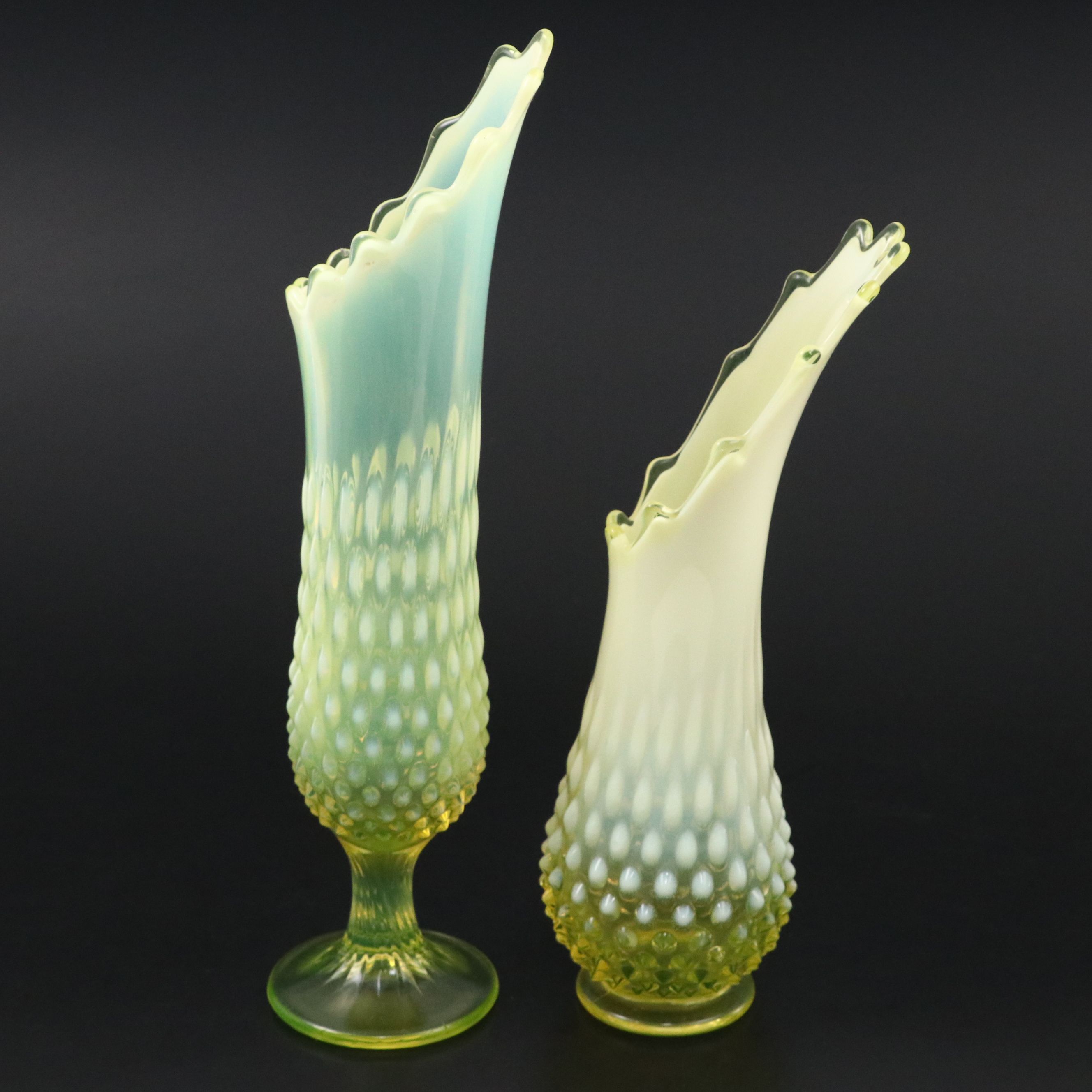 Fenton Hobnail Vaseline Opalescent Glass Swung Vases