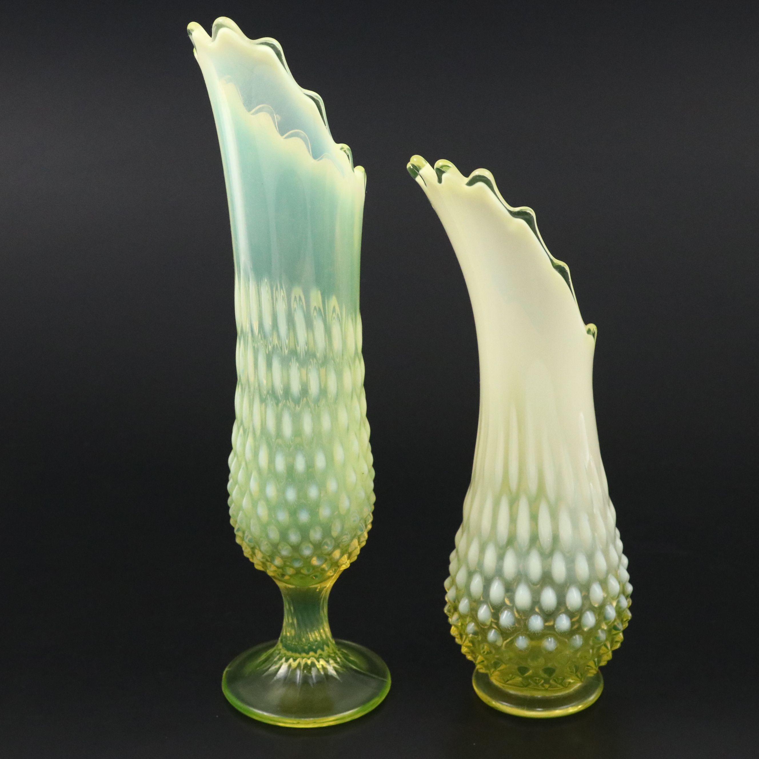 Fenton Hobnail Vaseline Opalescent Glass Swung Vases