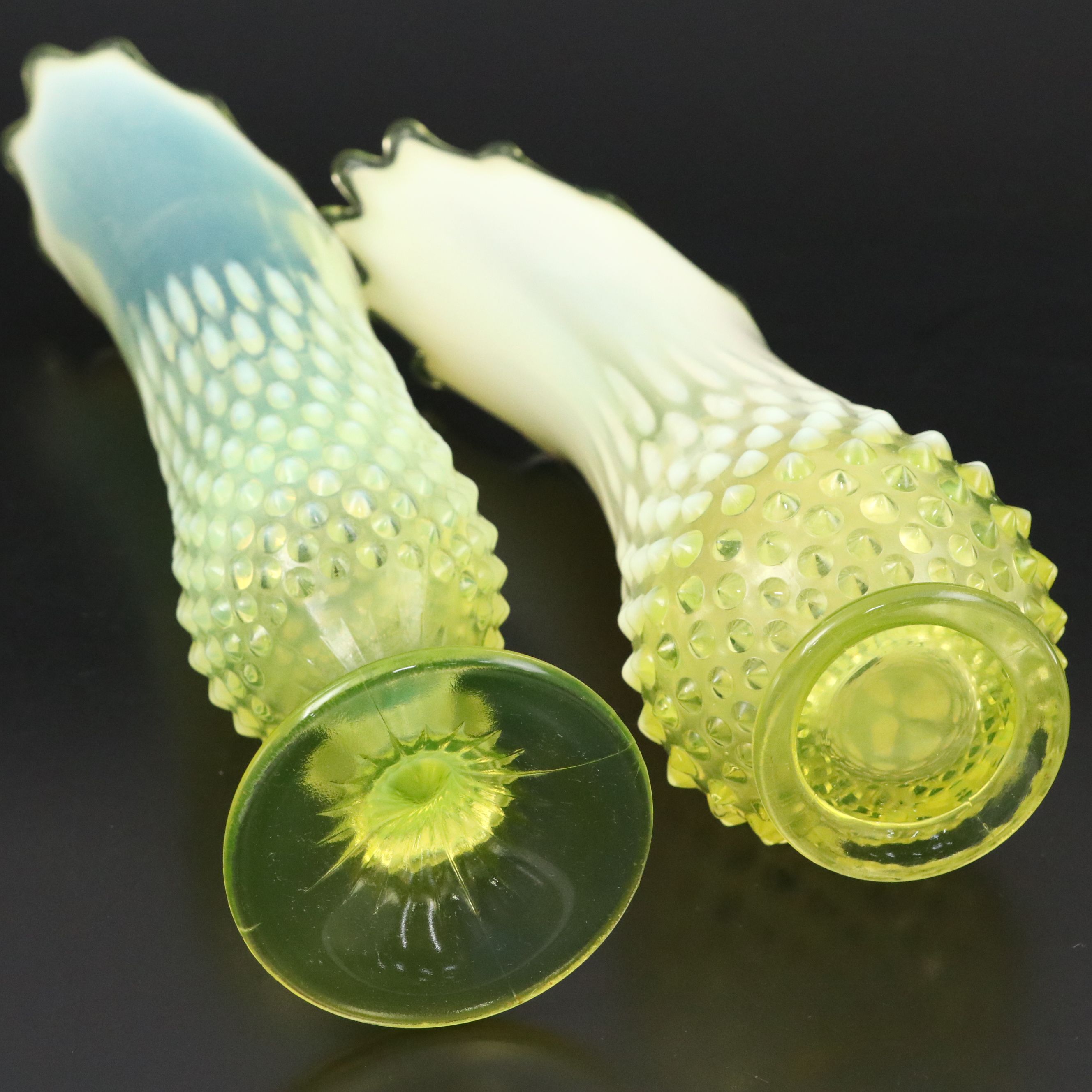 Fenton Hobnail Vaseline Opalescent Glass Swung Vases
