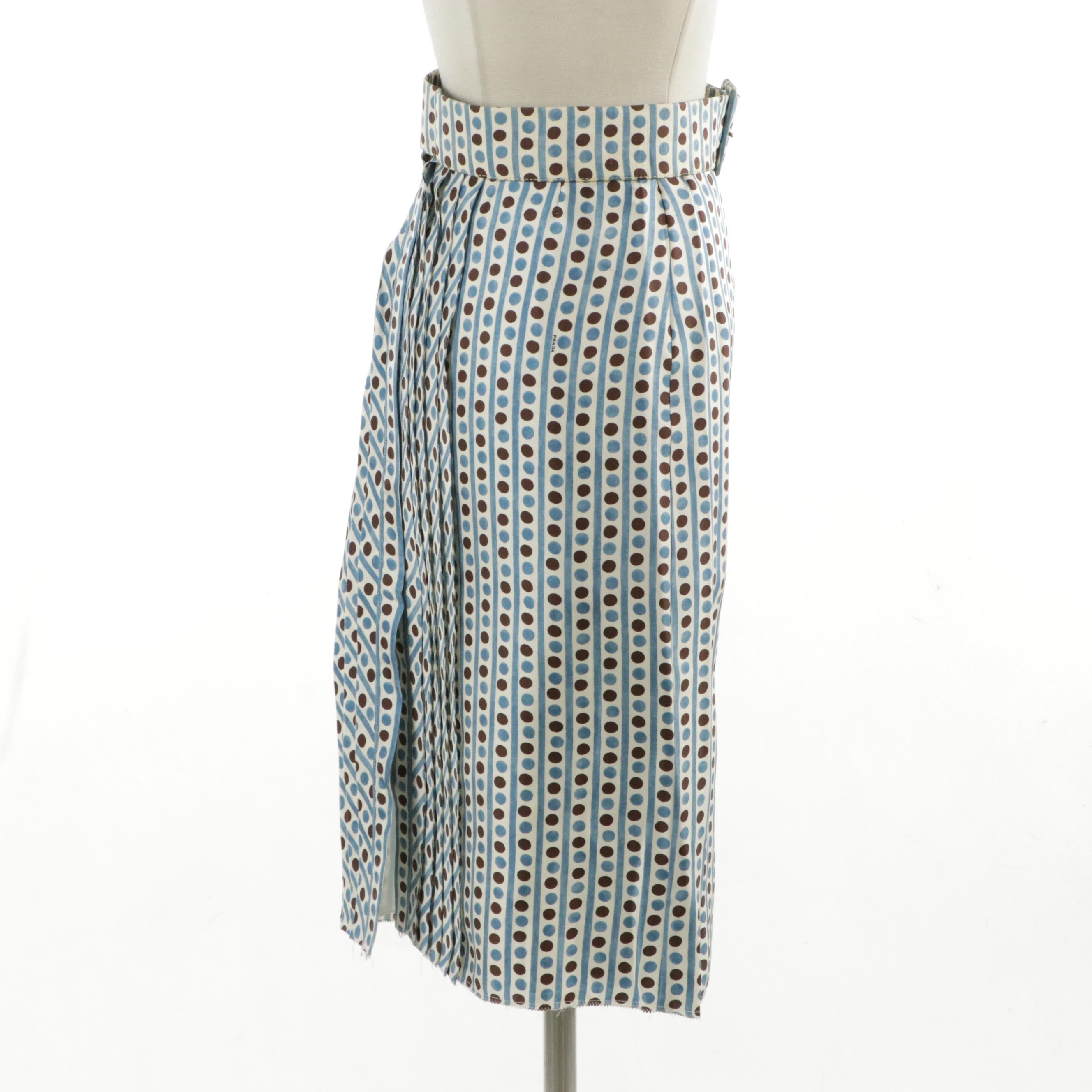 Prada Striped & Polka Dot Print Pleated Silk Skirt with Belt