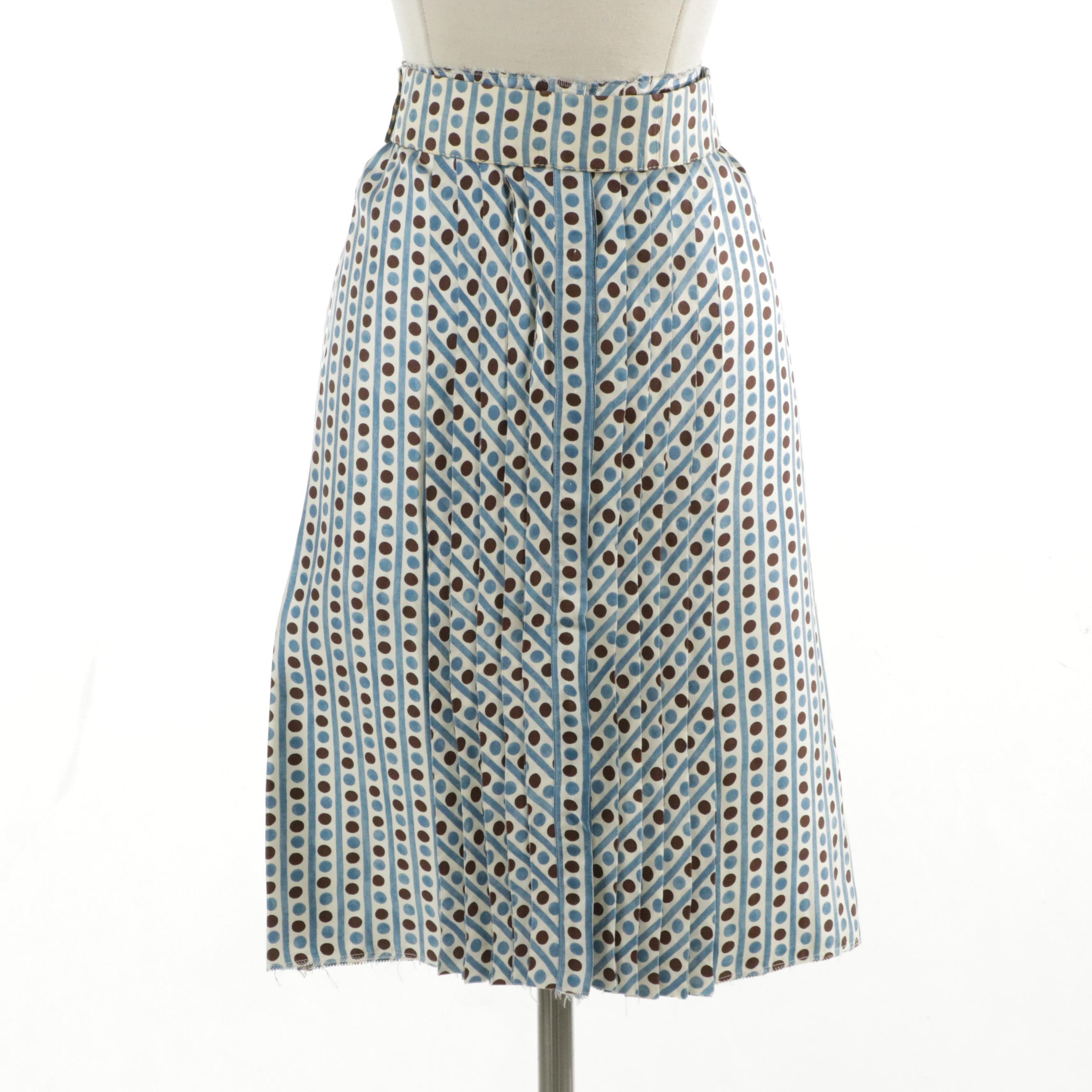 Prada Striped & Polka Dot Print Pleated Silk Skirt with Belt