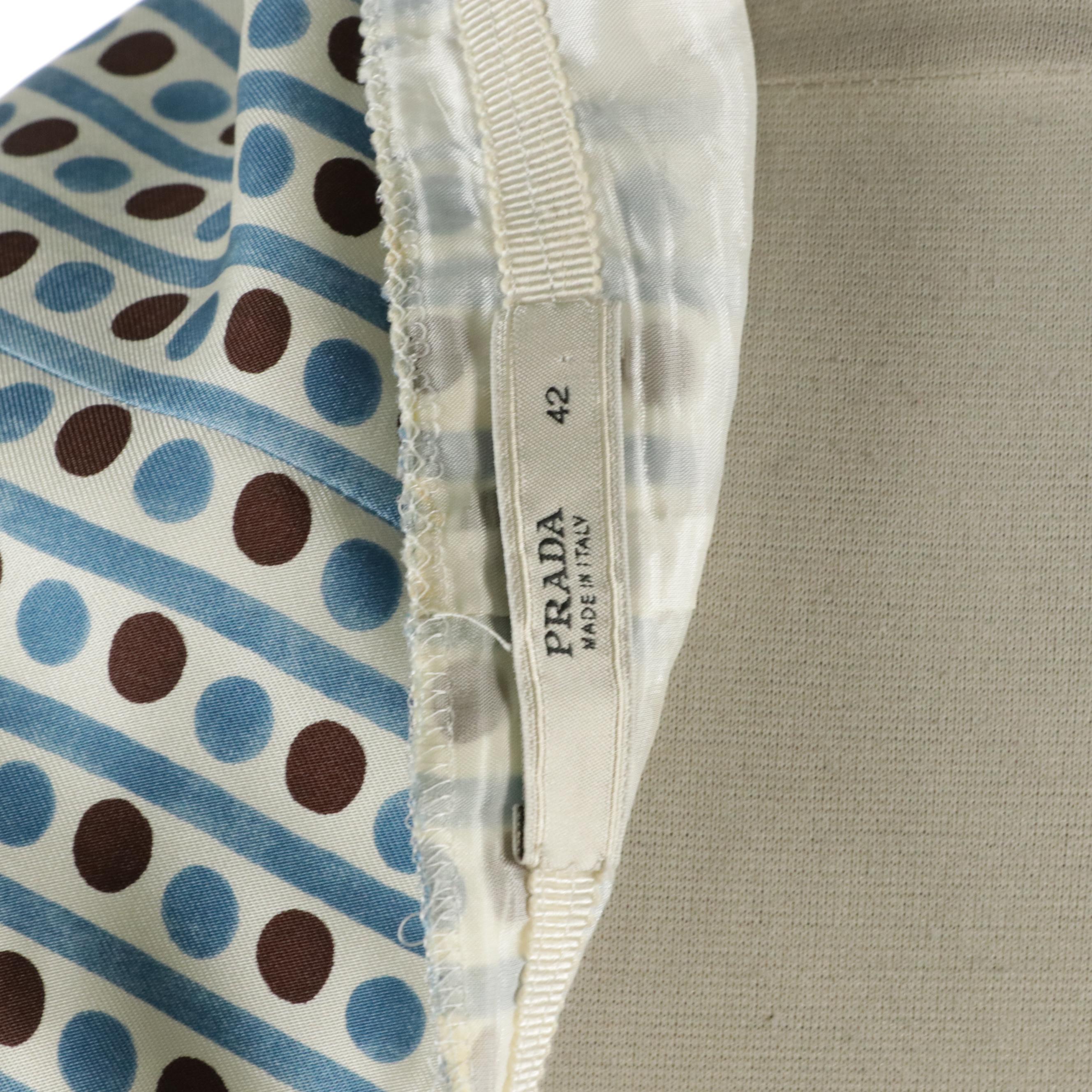 Prada Striped & Polka Dot Print Pleated Silk Skirt with Belt