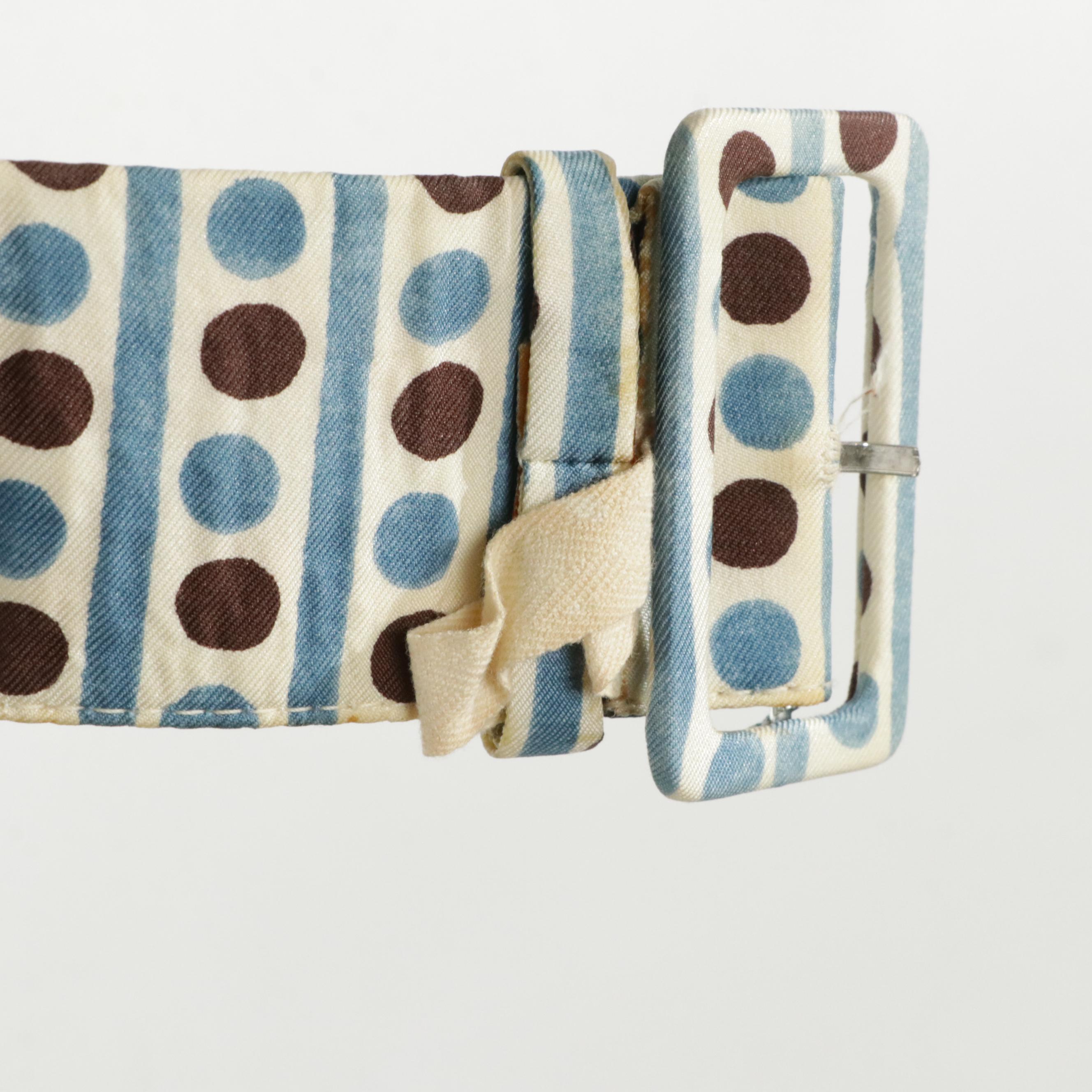 Prada Striped & Polka Dot Print Pleated Silk Skirt with Belt