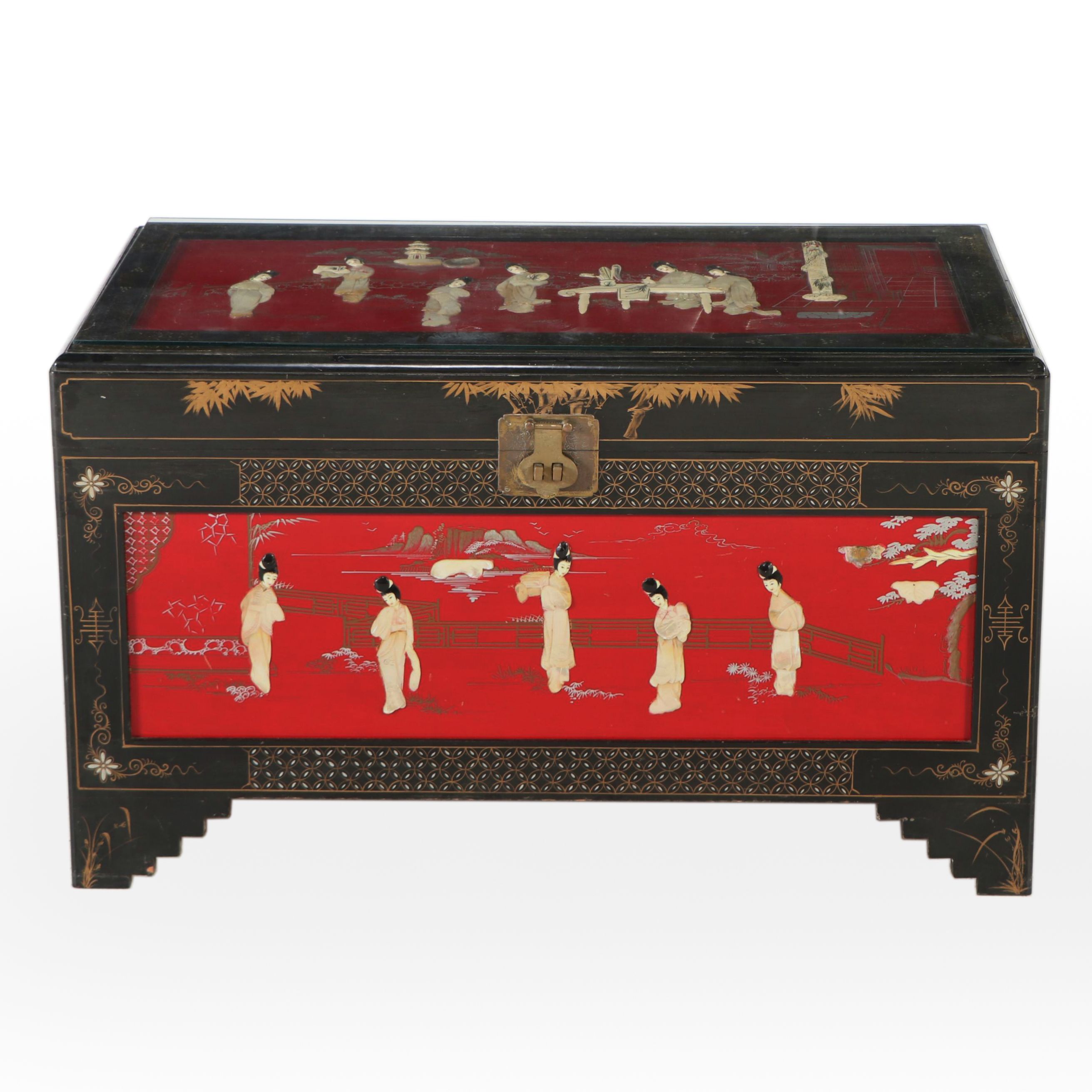 Chinese Hand-Decorated Lacquered Wood Chest Coffee Table