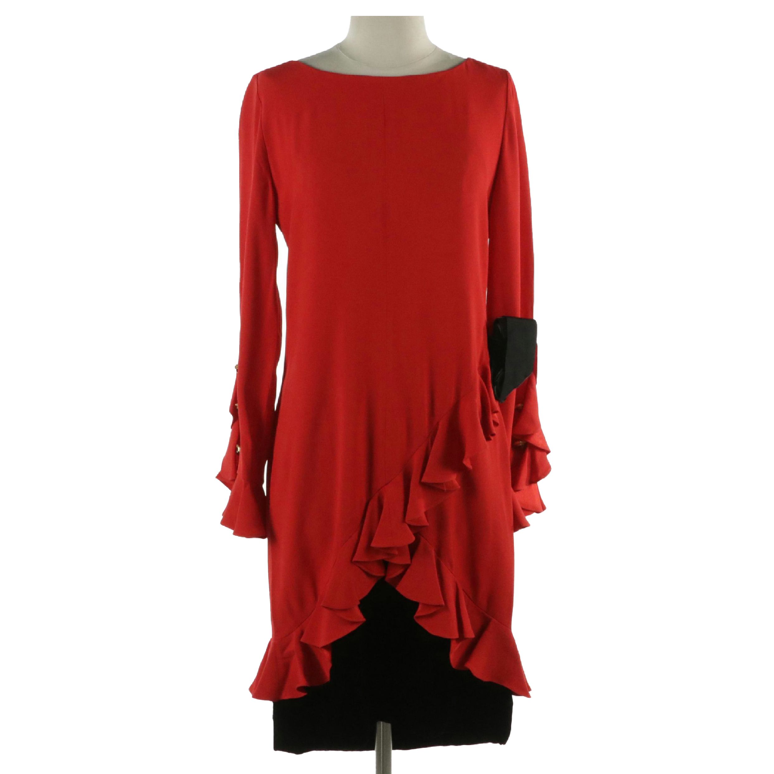Balenciaga Ruffle Accented Midi Shift Dress in Red Silk Blend and Black Velvet