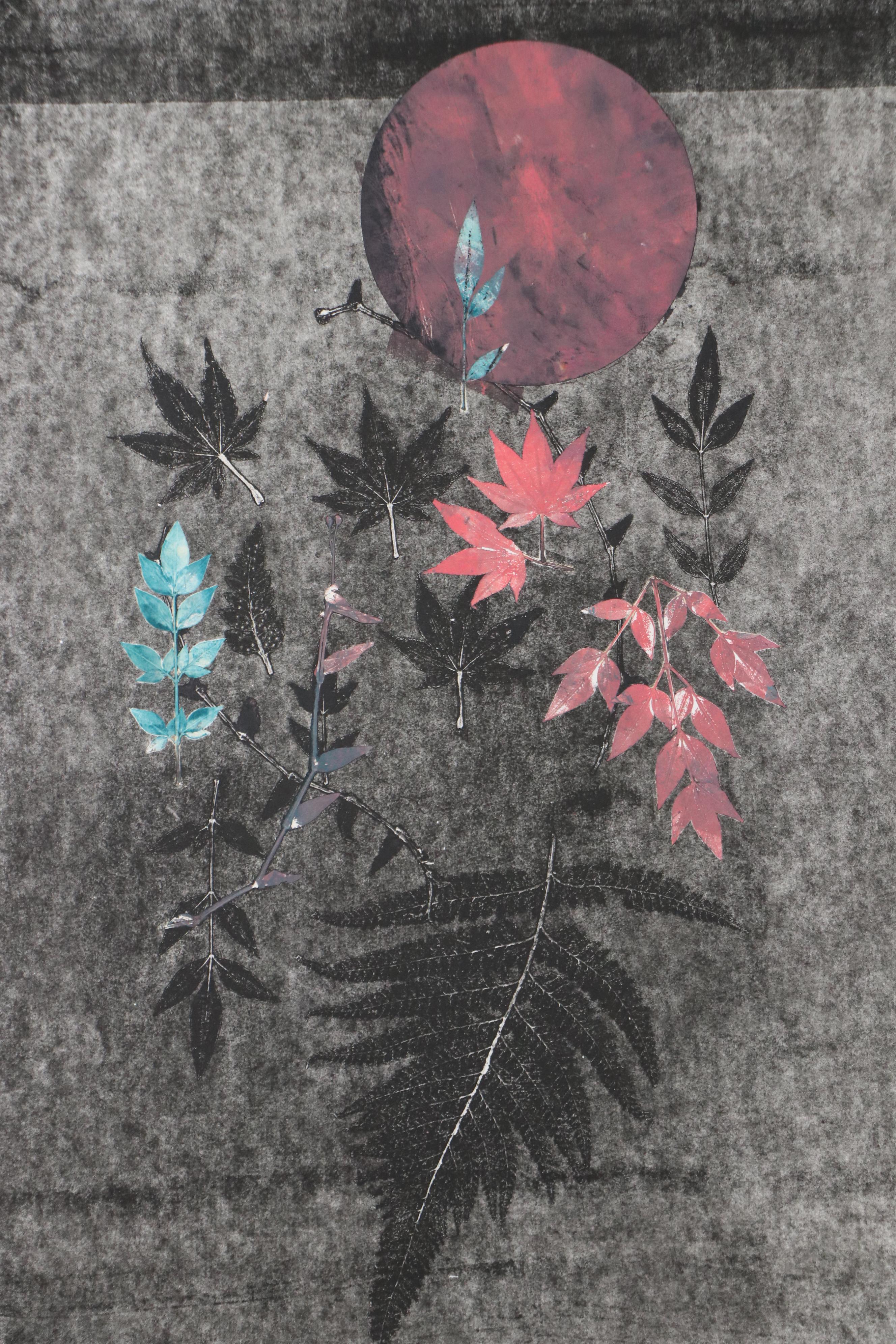 Marilyn Simon Monoprint Black and Pink Botanical Composition, Late 20th Century