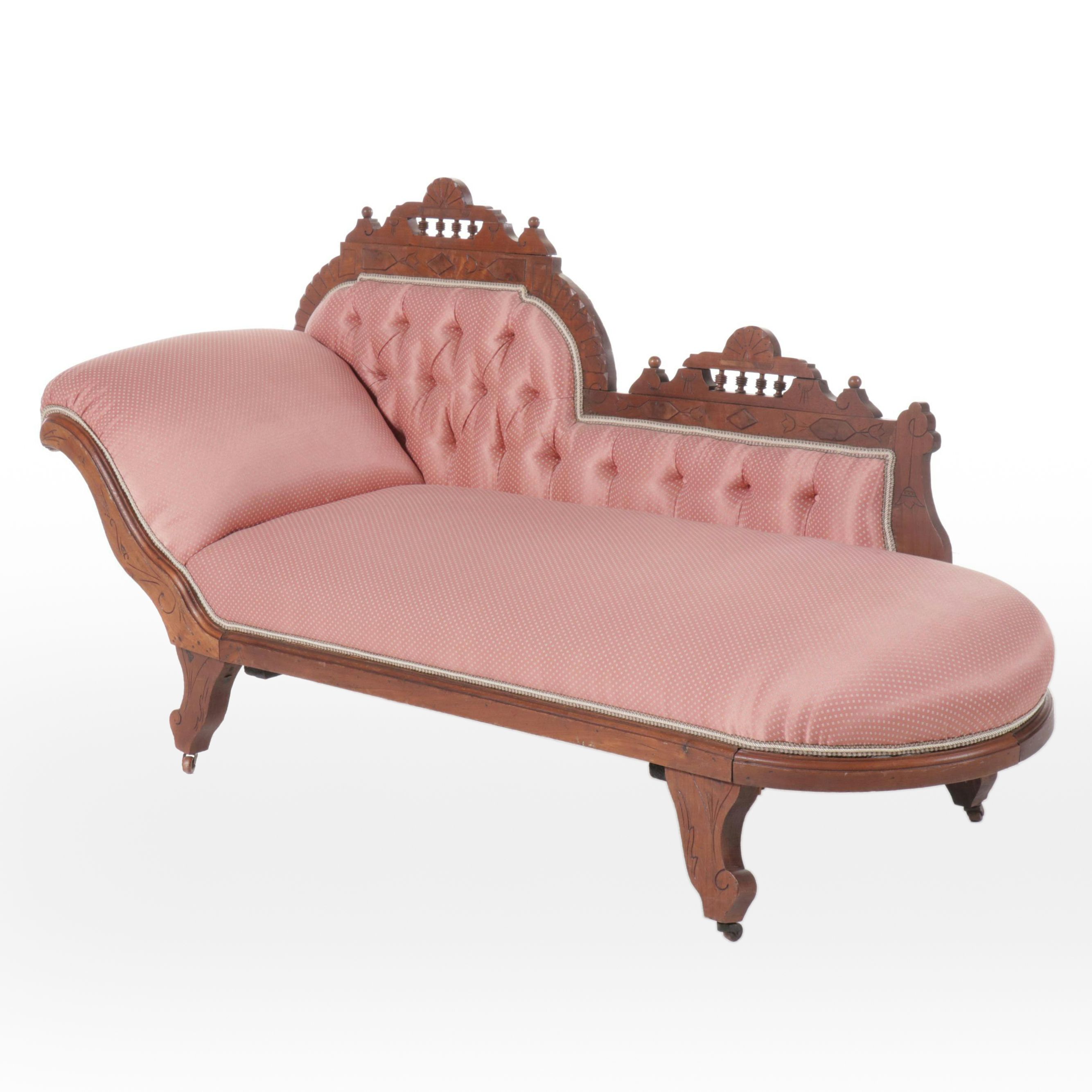 Victorian Eastlake Button-Tufted Fabric Upholstered Carved Walnut Recamier