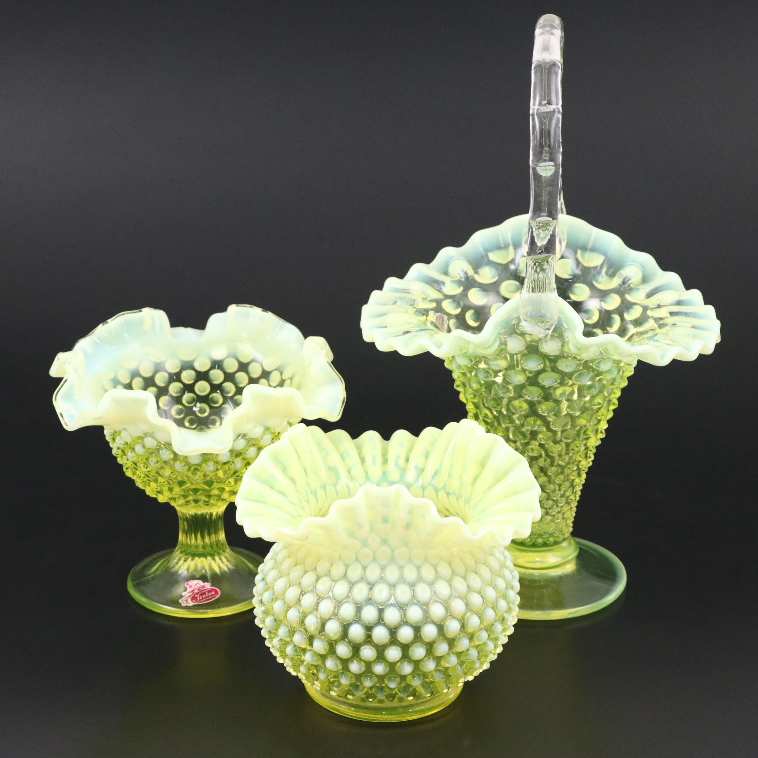 Fenton Hobnail Vaseline Opalescent Glass Basket, Candy Dish and Vase