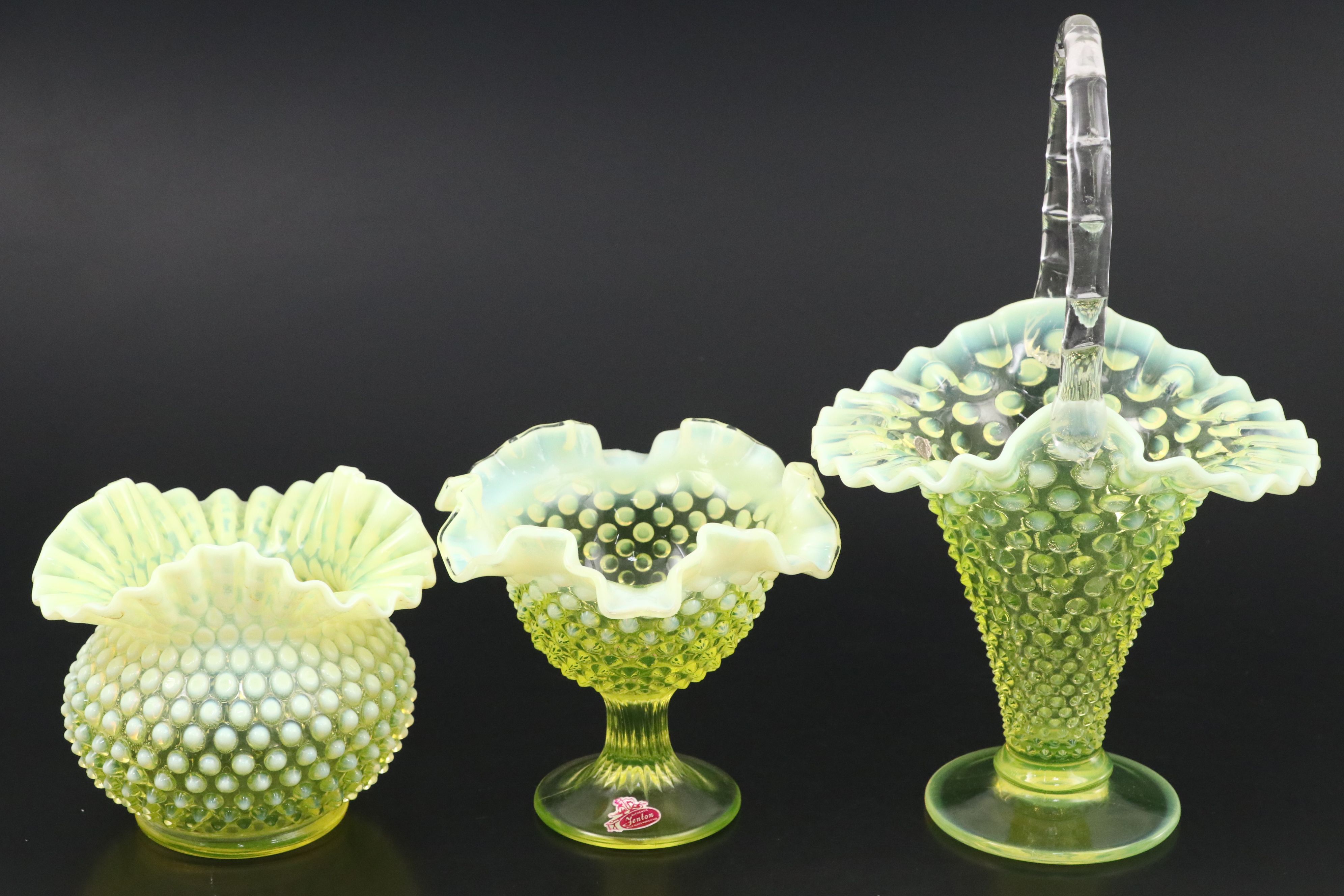 Fenton Hobnail Vaseline Opalescent Glass Basket, Candy Dish and Vase